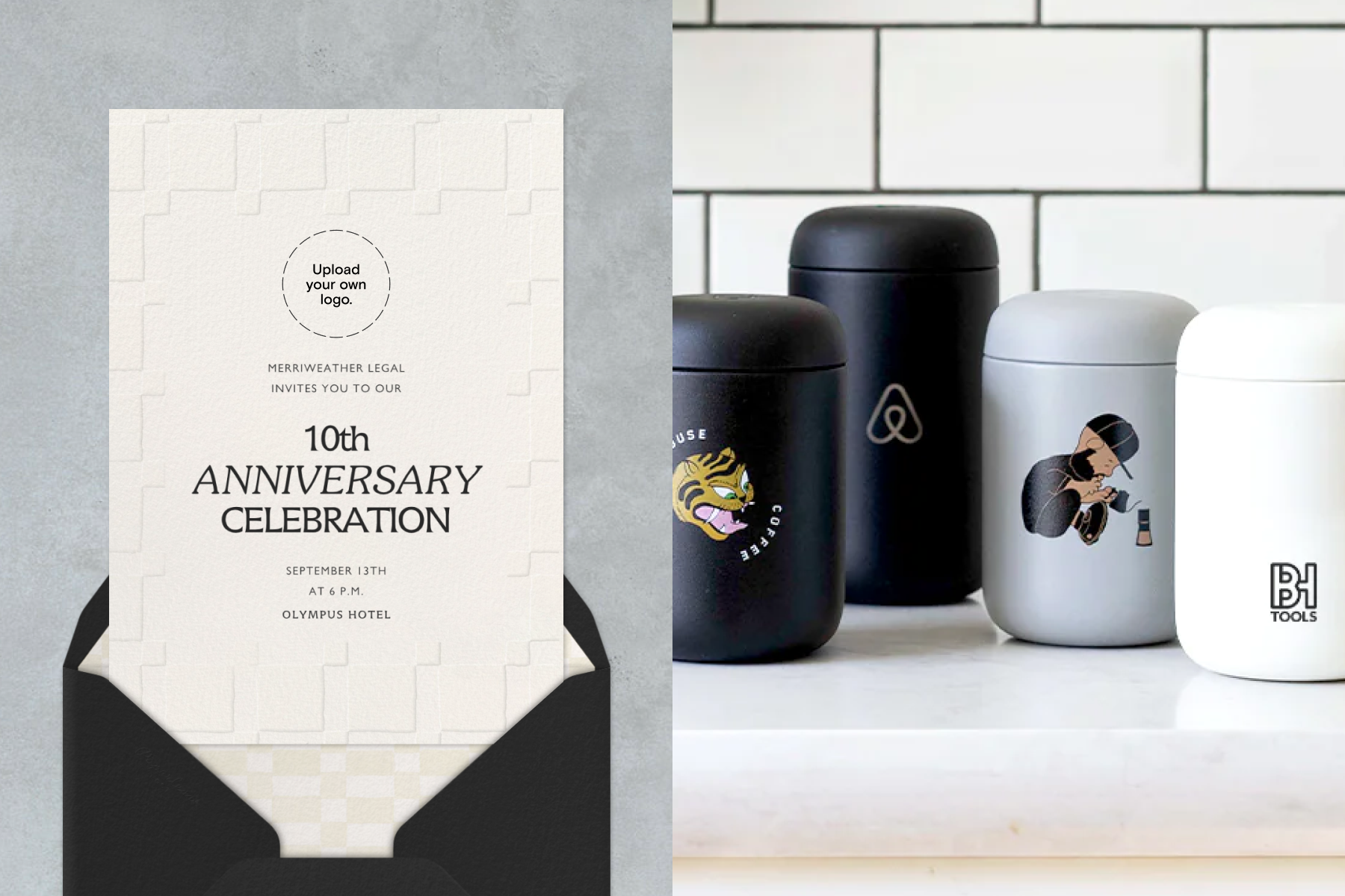 An invitation with embossed squares around the border; four insulated drinking vessels in shades of black, gray, and white with logos.