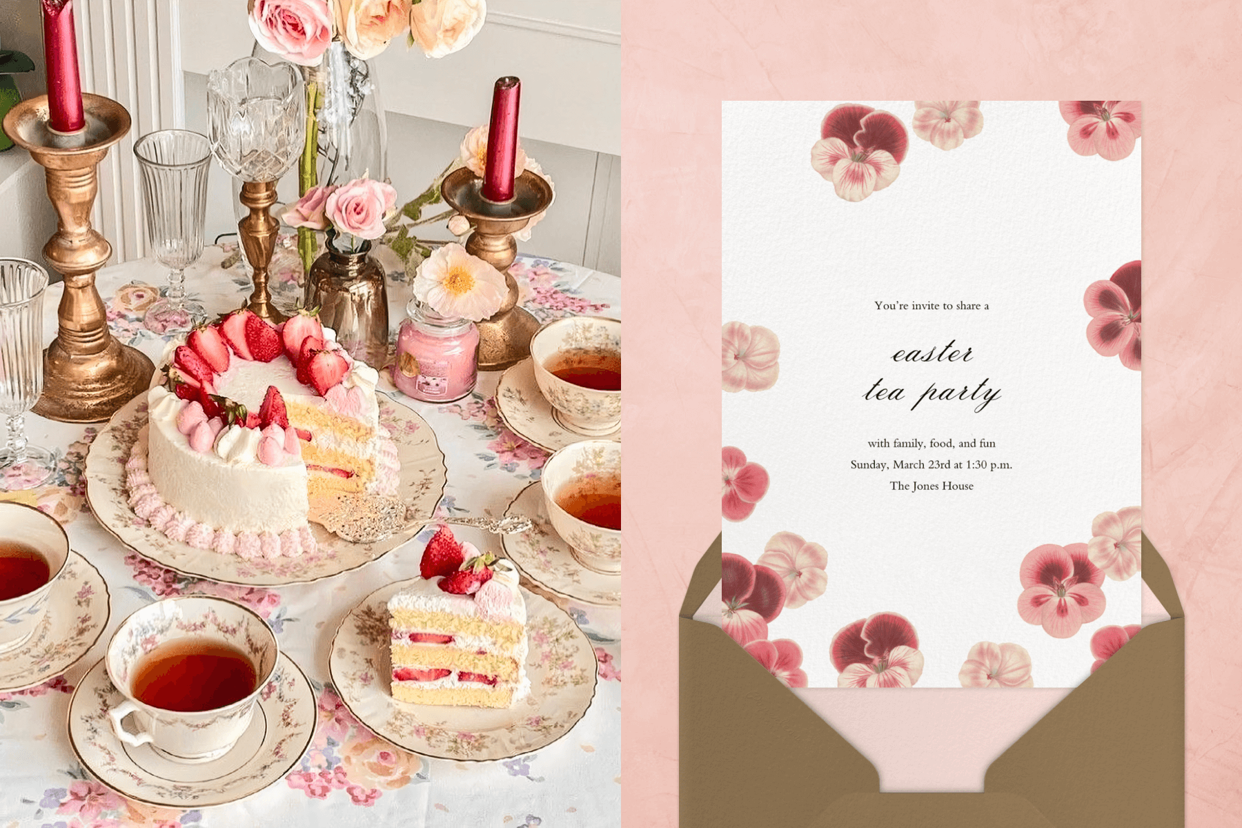 Left: A preppy pink tea party scene with a cake, tea cups, and candles; Right: An Easter invitation with illustrations of pansies.