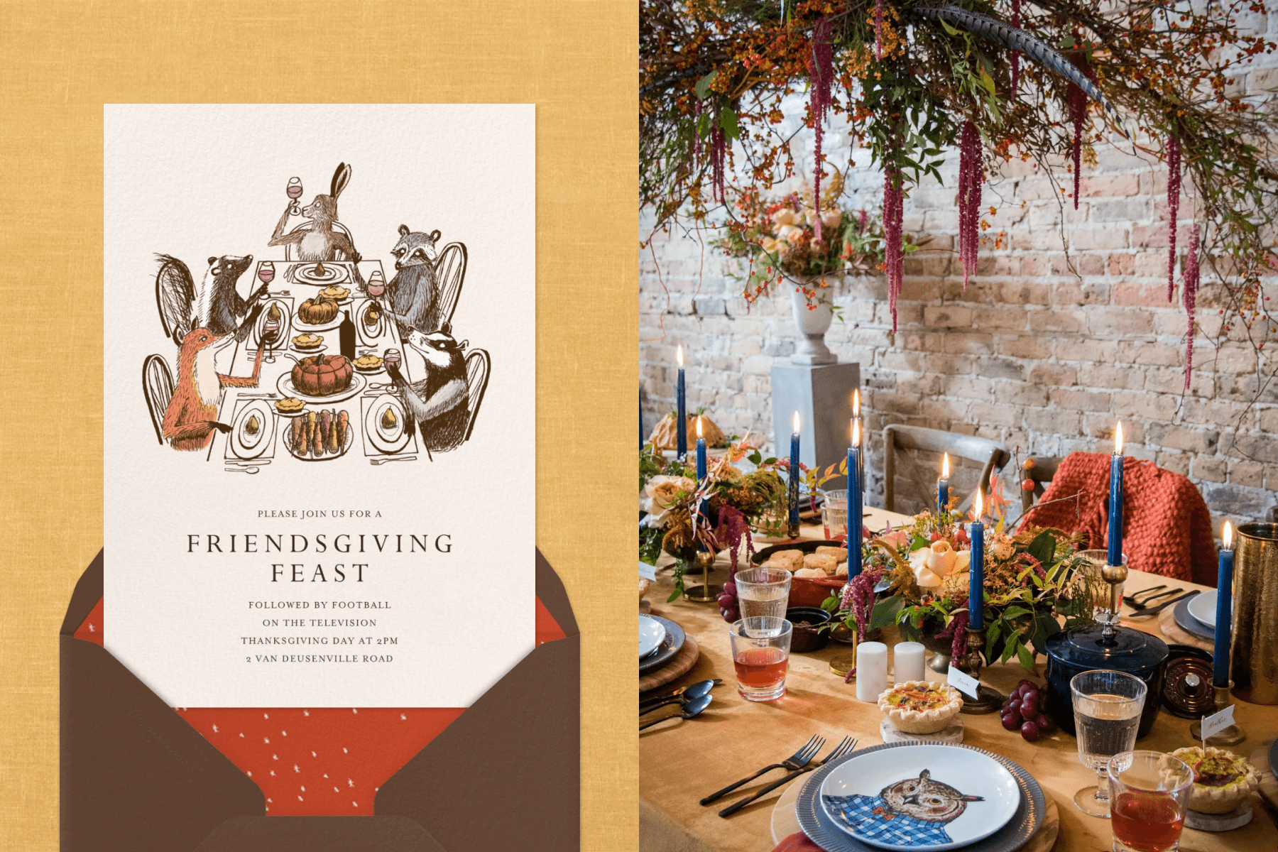 Left: An invitation with forest animals enjoying a Thanksgiving meal. Right: A table set with blue taper candles, fall flowers, an owl dish, and a floral arrangement above.