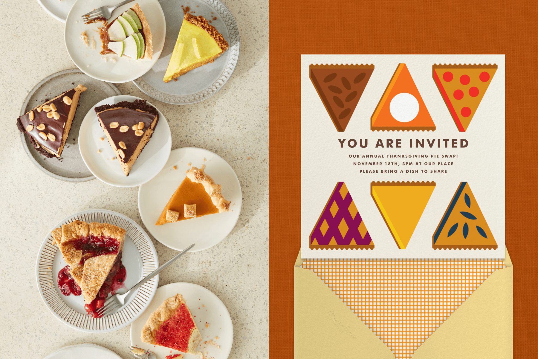 Left: Several slices of different kinds of sweet pies overlap on small white dishes. Right: A Thanksgiving pie swap invitation reads “You are invited” with geometric interpretations of six colorful pie slices.