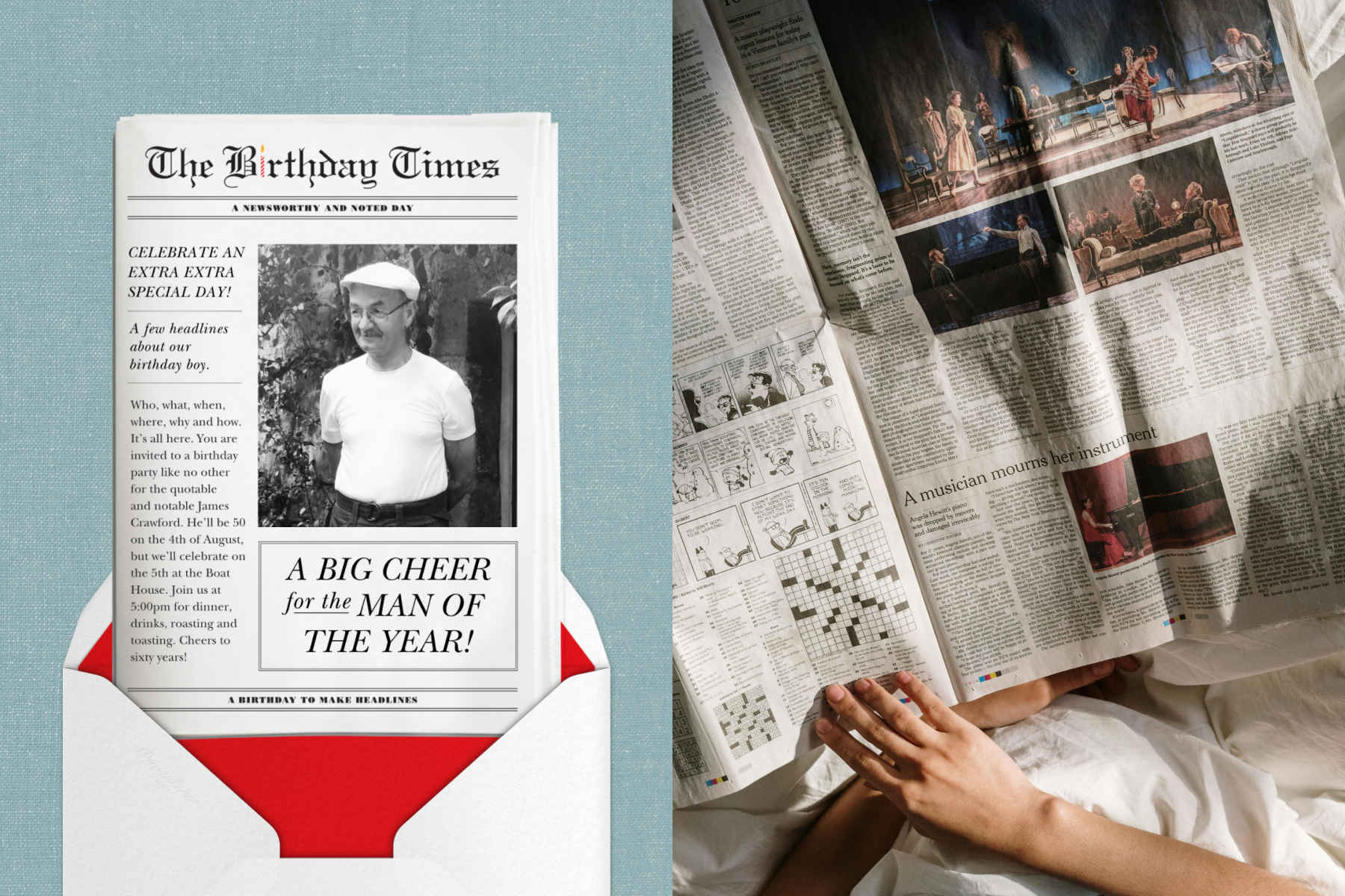 A birthday card featuring a newspaper-inspired layout and black and white photo; An overhead shot of a newspaper being read in bed.