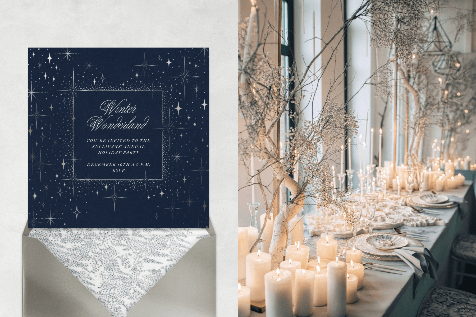 A navy invitation has twinkling silver stars around the border; a winter forest-themed banquet table with white pillar candles and white tree branches.