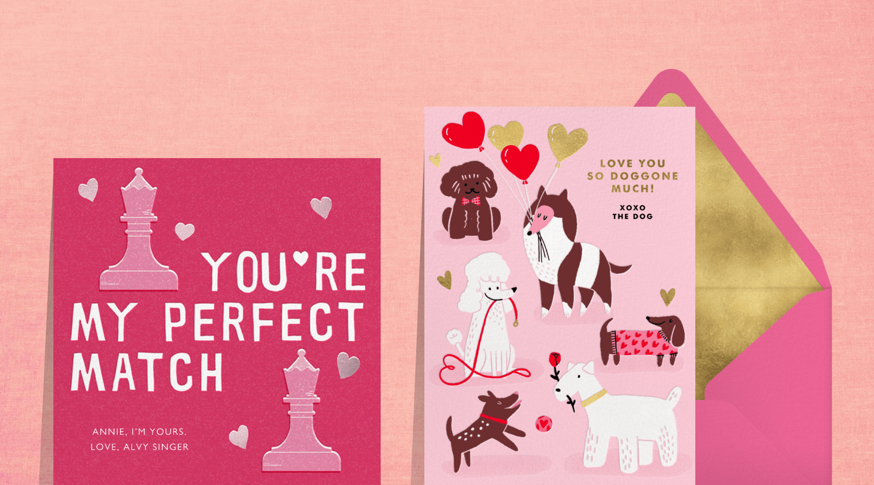 A pink card says ‘you’re my perfect match’ with two chess pieces; a pink card has several dogs with heart balloons.