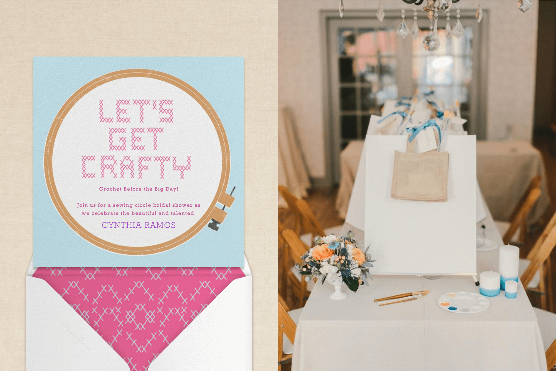 A square card with an embroidery hoop reads ‘let’s get crafty,’ several large white gift bags on a table with flowers and watercolor paints.