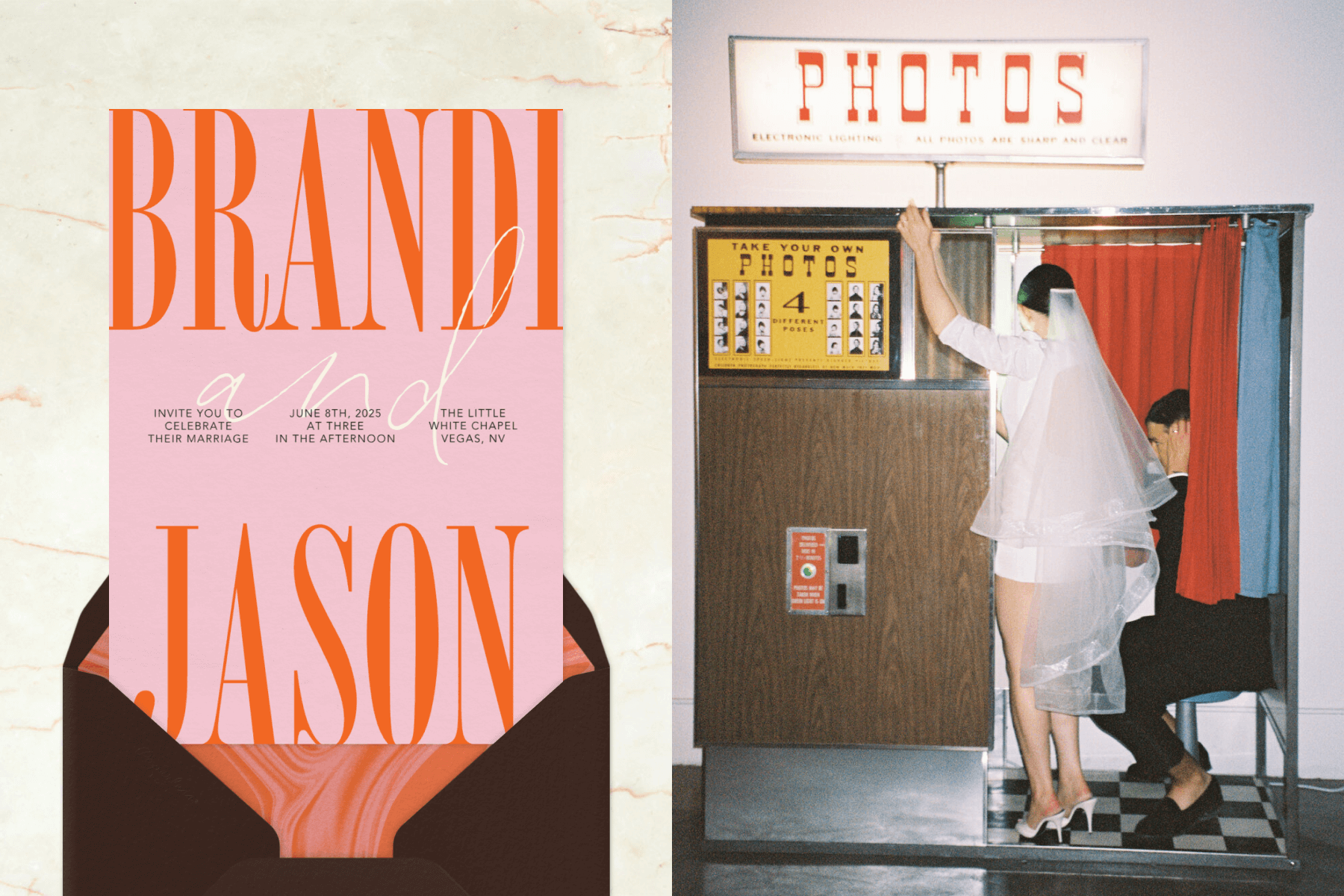 Left: Pink wedding invitation with large, graphic typography; Right: A couple takes a picture in a vintage photobooth.