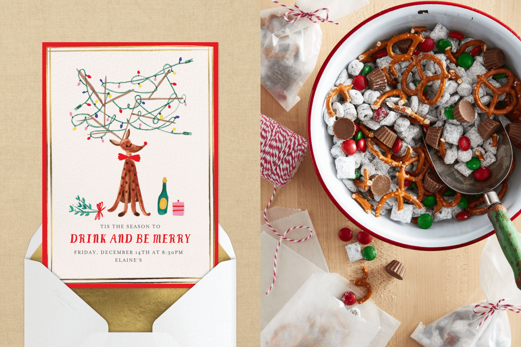 A card with an illustration of a reindeer with Christmas lights tangled in its antlers; a snack mix of pretzels, red and green M&Ms, and mini peanut butter cups.
