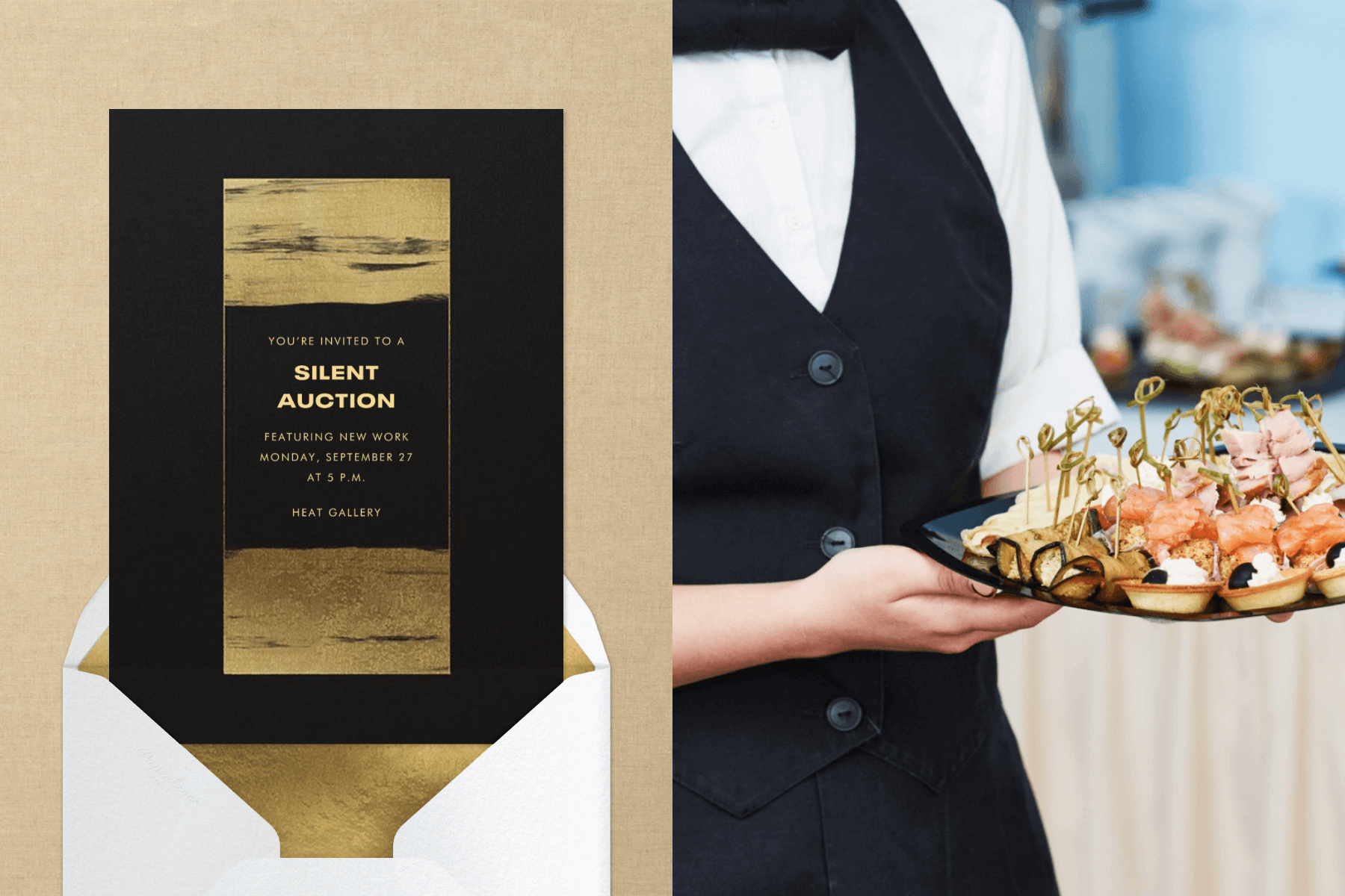 Left: A black Silent Auction invitation with a gold outlined rectangle in the center and brushstroke gold on top and bottom, above a white envelope. Right: A catering staff member in a black vest and white shirt holds a plate with passed hors d'oeuvres.