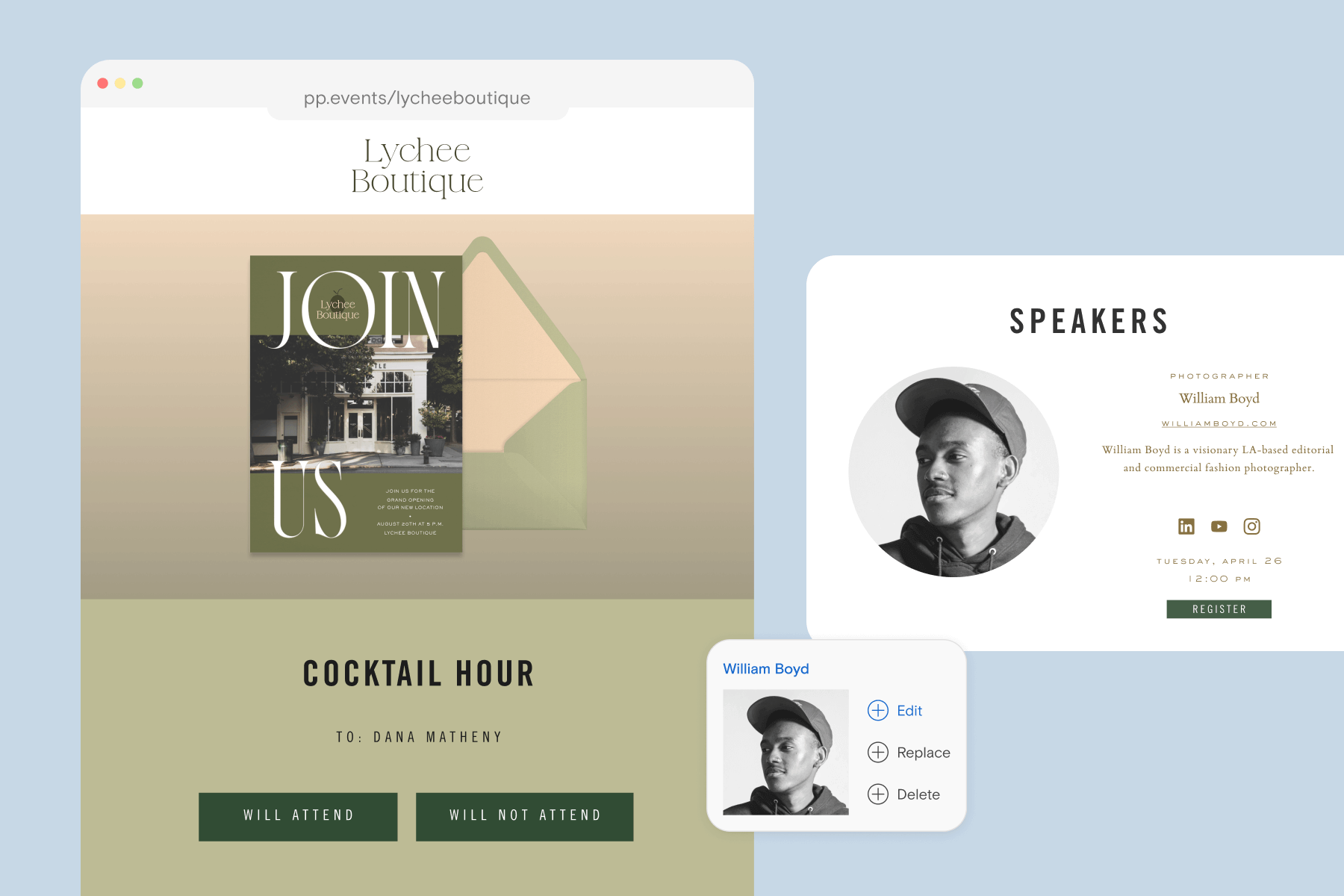 A cocktail hour event page displaying an invitation, RSVP prompt, and a Speakers Block showing an image and information about the event’s speaker.