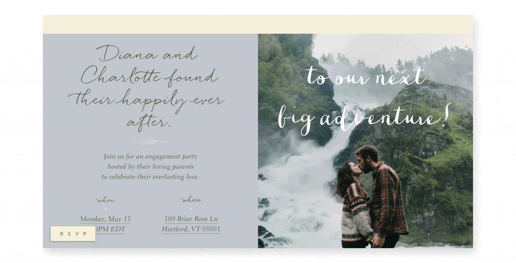 An engagement party invite with animated text that reads “to our next adventure!” over a photo of a couple kissing by a waterfall.