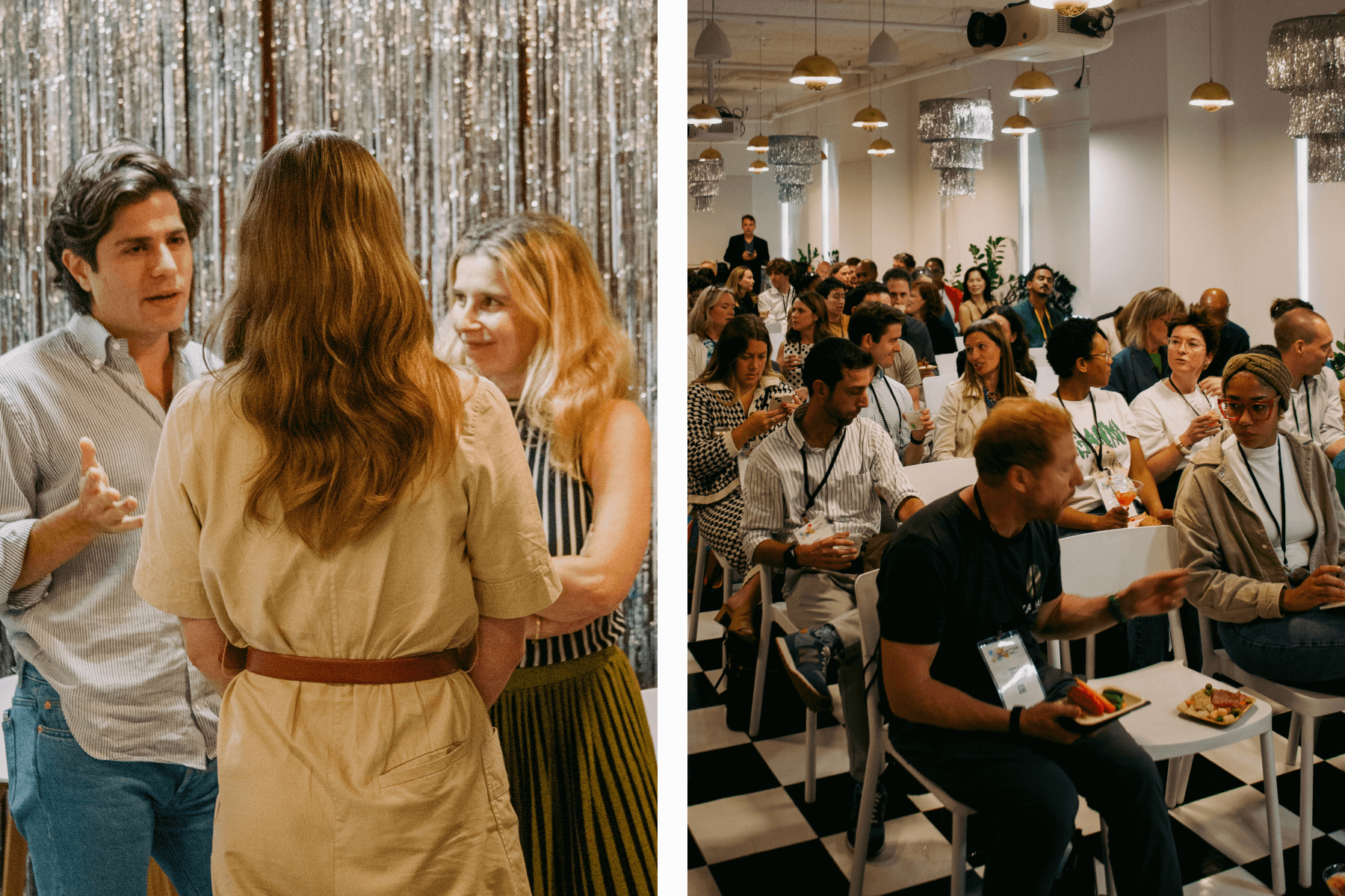 Three people converse in front of silver streamers; Right: an audience with lanyards sits in folding chairs.