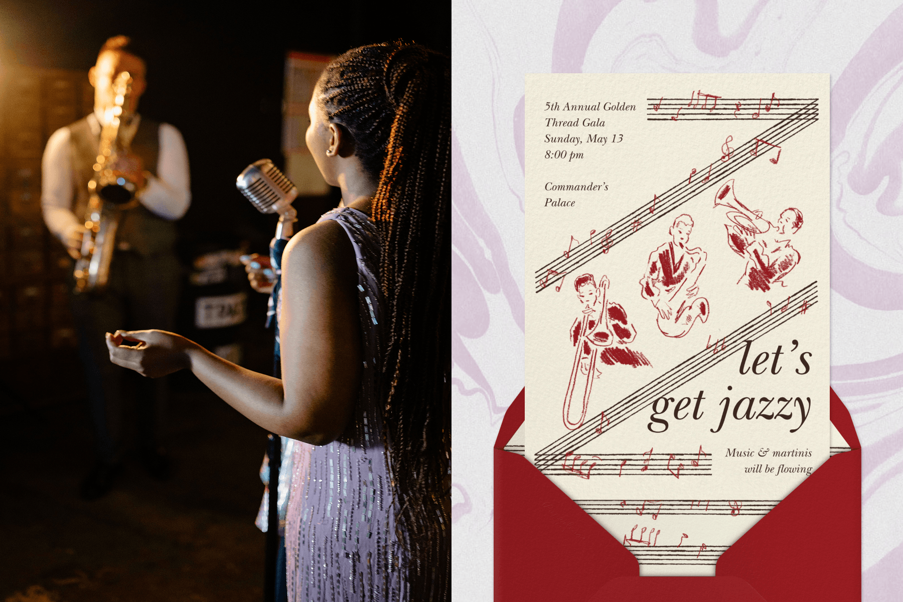 Left: A female jazz singer in a sequined purple dress sings with a saxophone player. Right: A jazz-themed gala illustrated with brass instrumentalists and tablature animates from a red envelope against a swirly pink-and-ivory backdrop.