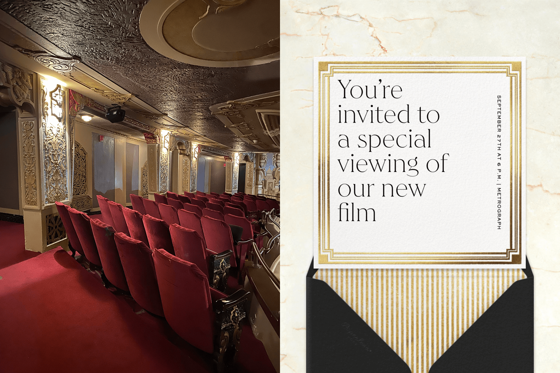 Right, a photograph of red velvet seating in an ornate theater with gilded details on the doorways and ceiling; Left, a square invitation to a film screening with a gold border sits on a black envelope with a gold, striped liner, on a marble backdrop. 