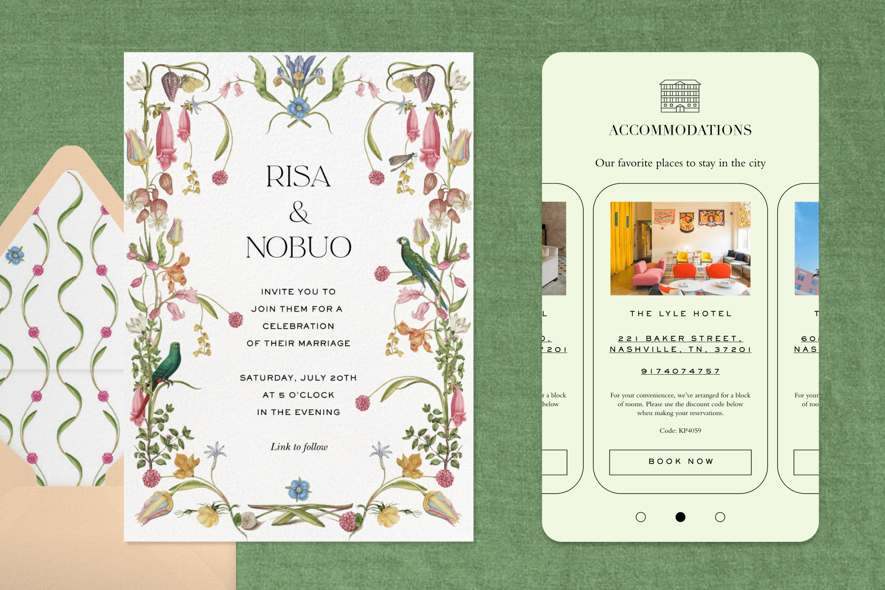 On a green backdrop, a floral wedding invitation sits on top of a peach-colored envelope with floral lining. Next to the invitation is a box for accommodations with the words ‘Our favorite places to stay in the city’ above booking information for The Lyle Hotel.