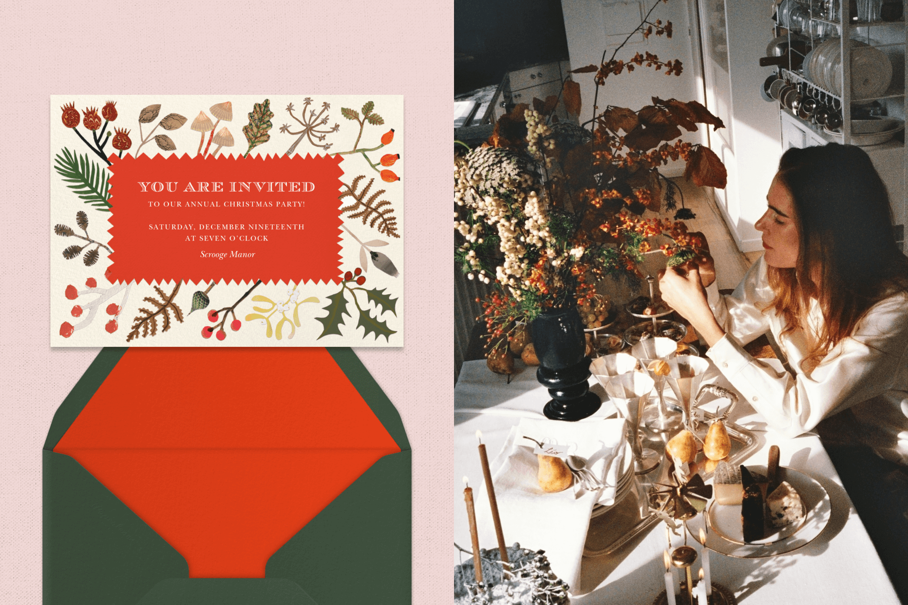 Left: A Christmas party invitation with a red zig-zag-bordered rectangle over a beige background with plant and greenery designs. Right: Laszlo Marie Badet arranging a vase of florals at a set dining table.