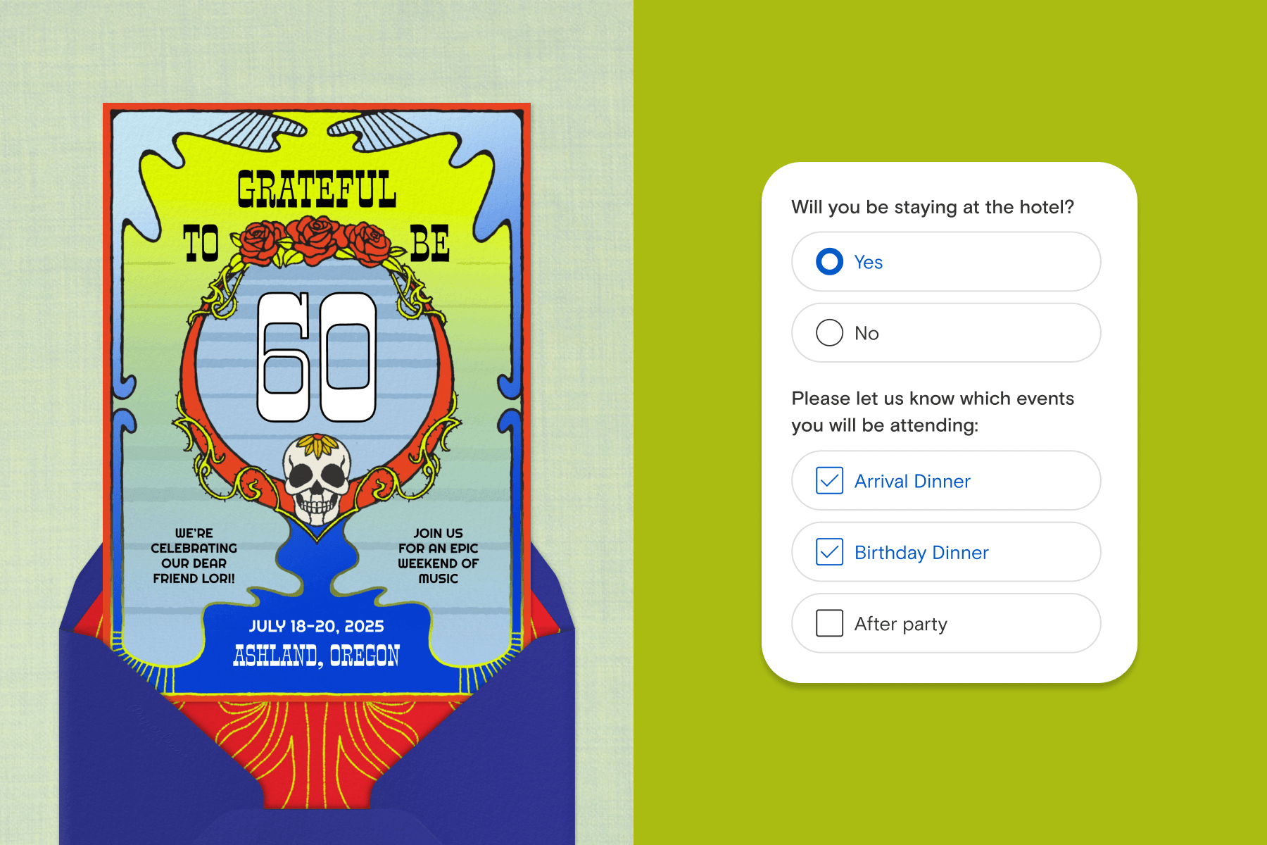 Left: A multicolored psychedelic-inspired 60th birthday invitation with skull illustrations and groovy imagery sits above a dark blue envelope with a red-and-yellow decorative interior against a light green textured backdrop. Right: A Guest Survey UI inquiring about accommodations and event attendance sits against a bright green backdrop.