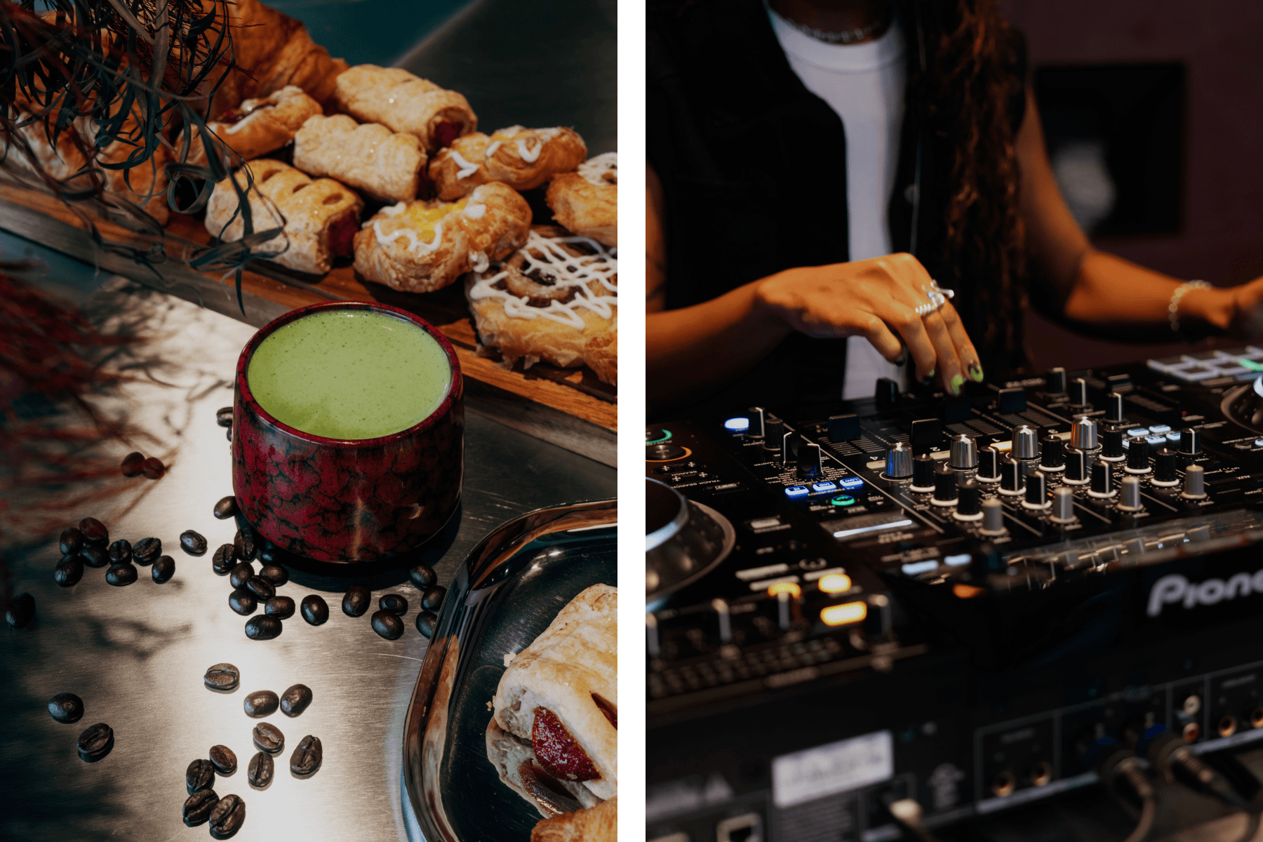 Left: A mug filled with matcha sits on a stainless steel table surrounded by coffee beans and pastries. Right: Hands adjusting buttons on a DJ setup. 