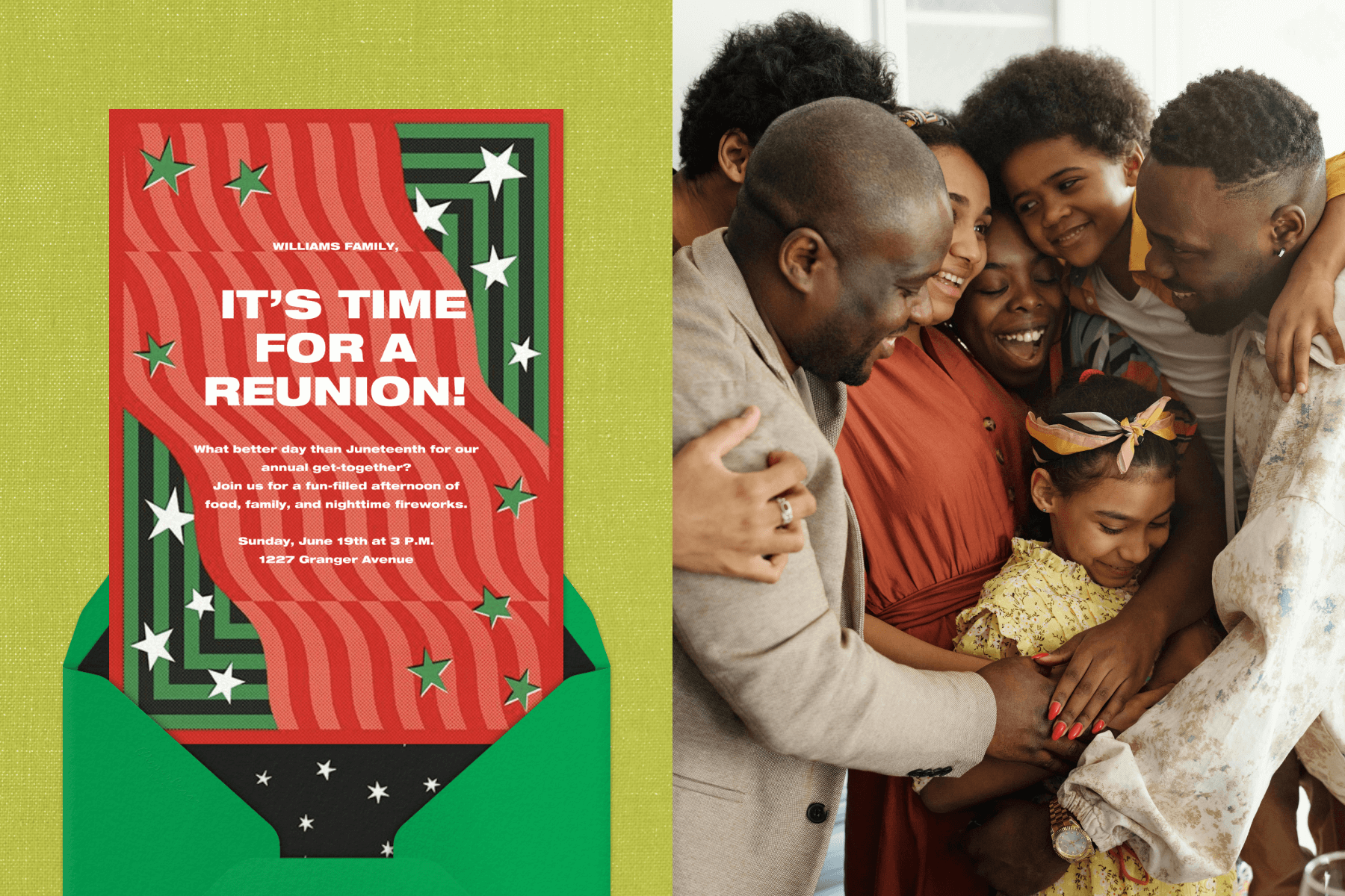 A red and green Juneteenth invitation featuring stars and stripes emerging from a bright green envelope with a black and white star design on the liner, sitting on a yellow-green backdrop; five family members embrace a young girl.