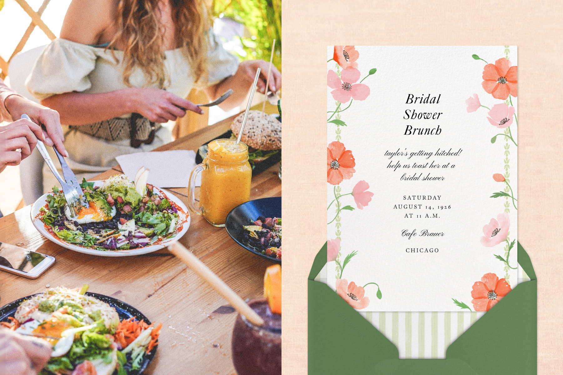 Left: A woman in a white dress is seated at an outdoor wooden table topped with plates of food and a jar filled with an orange beverage. Right: A white invitation for a bridal shower brunch with orange and pink floral illustrations sits above a green envelope over a peach backdrop. 