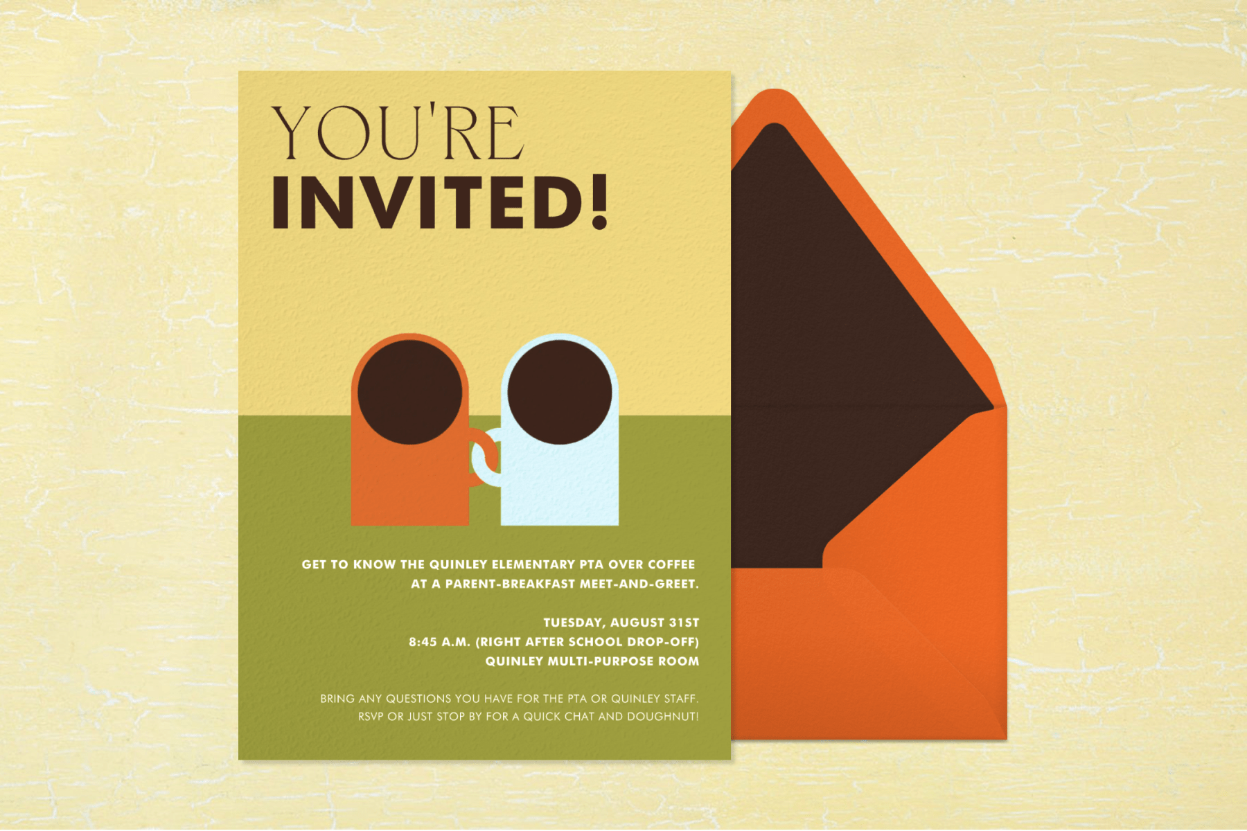 a yellow and green invitation with a minimalist illustration of orange and light blue coffee mugs with their handles intertwined, beside an orange envelope