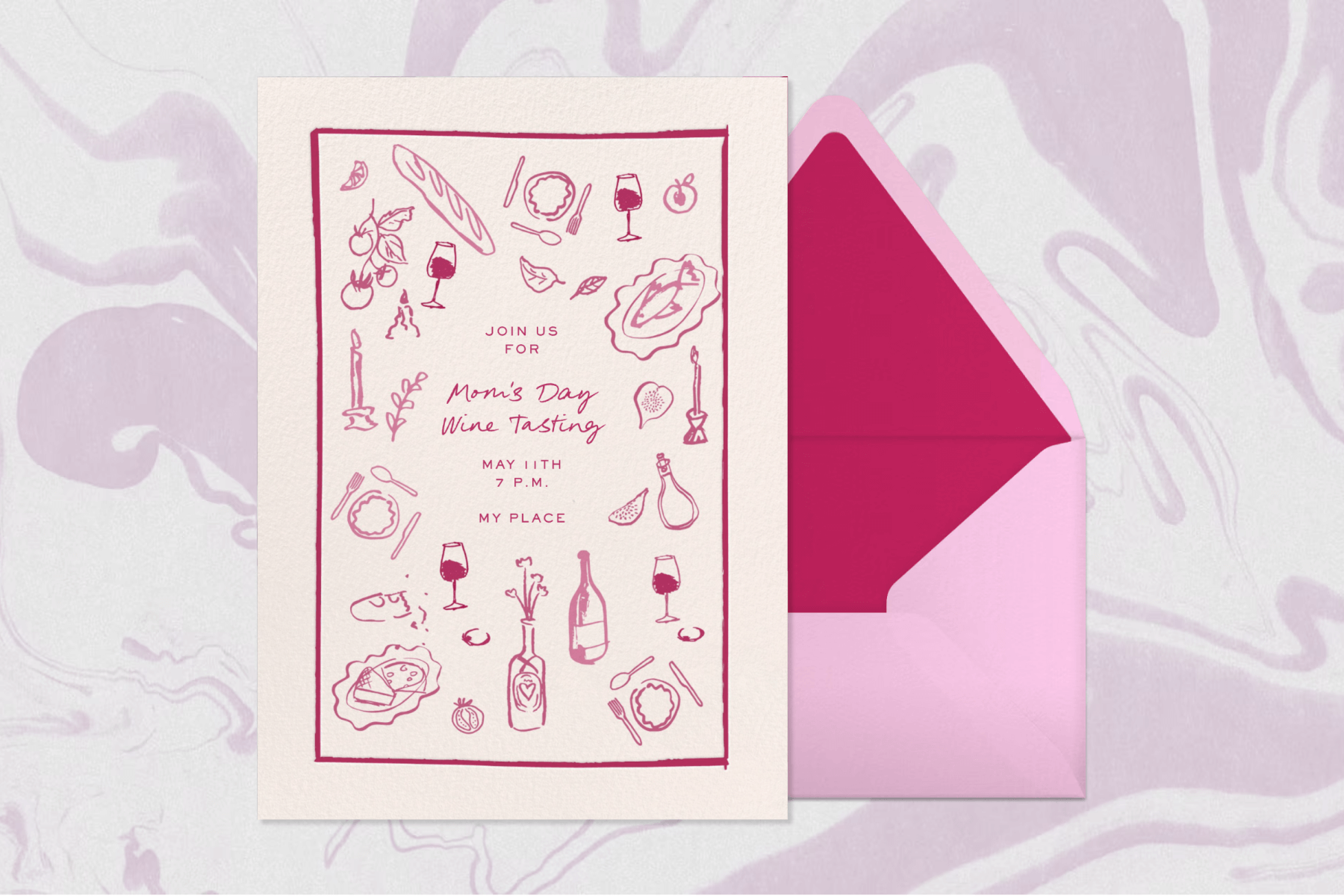 An off-white Mother’s Day wine tasting invitation with hot pink food and wine themed illustrations paired with a light pink envelope and hot pink envelope liner on a white and pink swirled background.