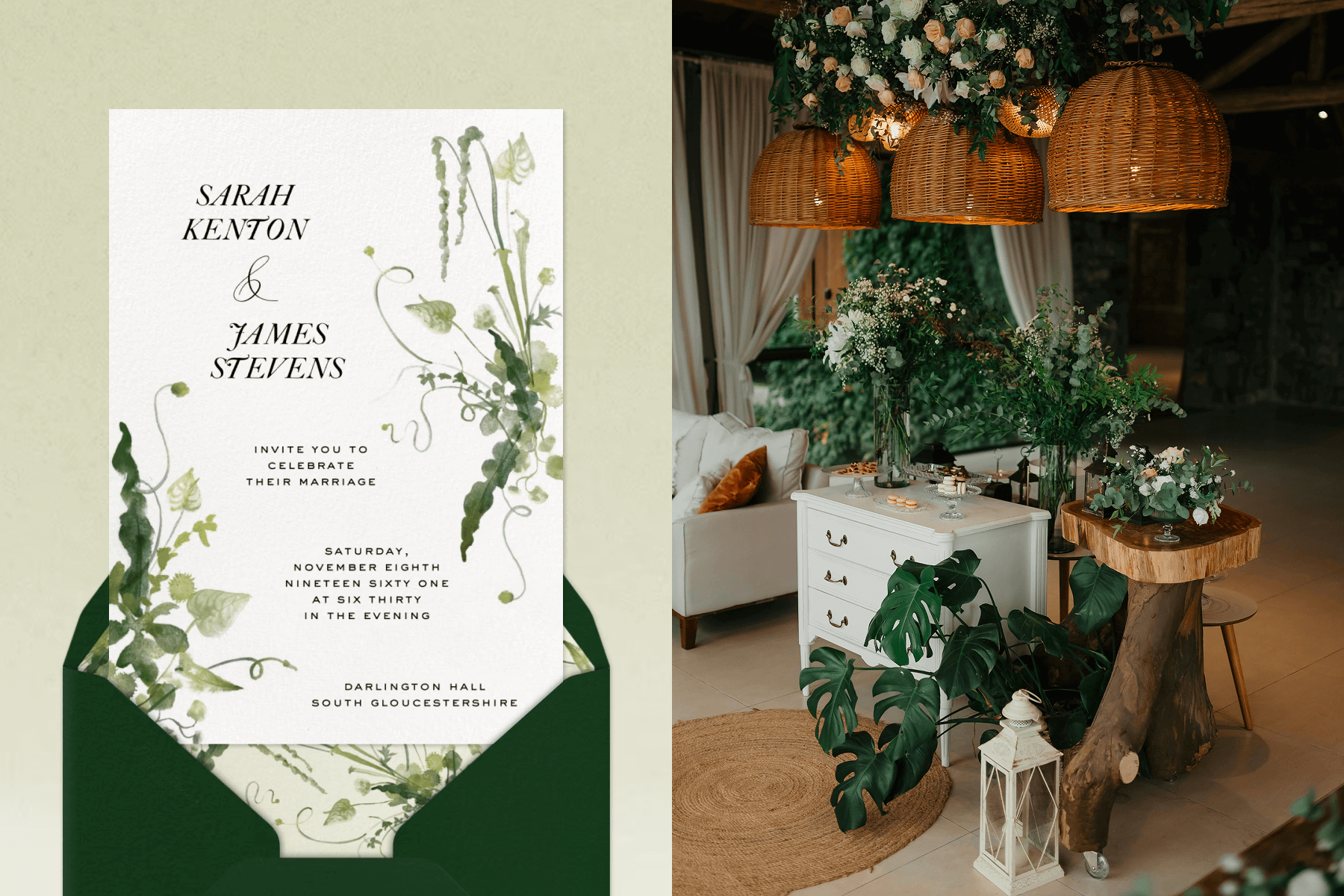 A white wedding invitation featuring black text with greenery watercolor illustrations, a matching envelope liner, and a dark green envelope; A wedding reception setup featuring a white dresser and sofa, wooden side tables, greenery and floral accents, and a woven rug and hanging lampshades.