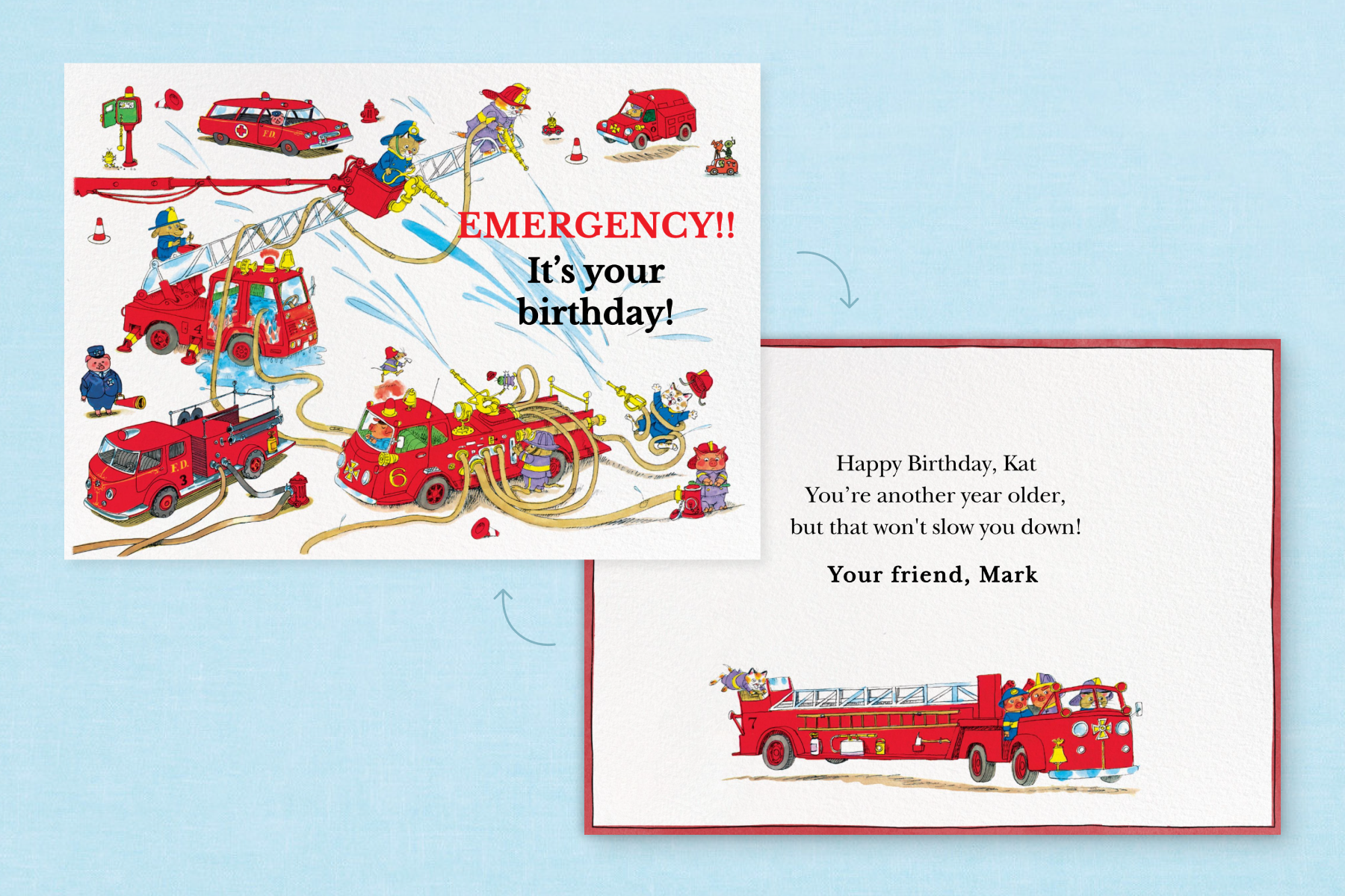 A two-sided view of a birthday card. Left: The front reads ‘Emergency!! It’s your birthday!’ and is surrounded by illustrated firefighter animals, fire trucks, and water hoses; Right: The back shows a handwritten note and an illustration of a long red fire truck driven by animals.