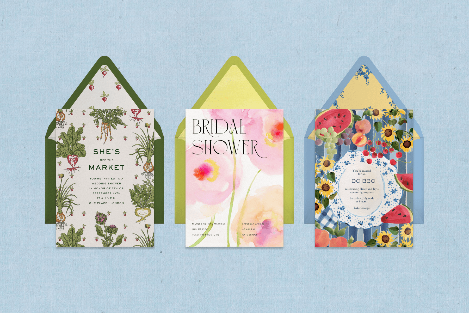 Three bridal invitations with forest green, lime green, and powder-blue color stories, all decorated in floral and plant imagery against a powder-blue textured background.