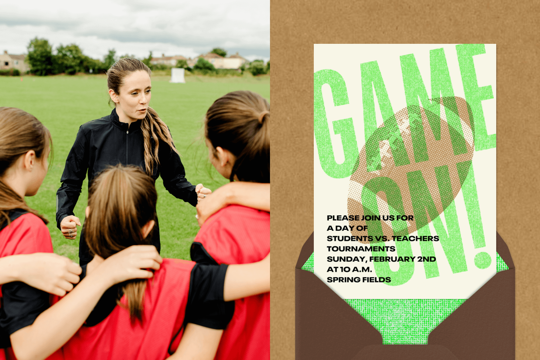 An adult coach speaking to three girls on a sports field; An invitation for a student vs. teachers tournament with green text and a football graphic in the background.
