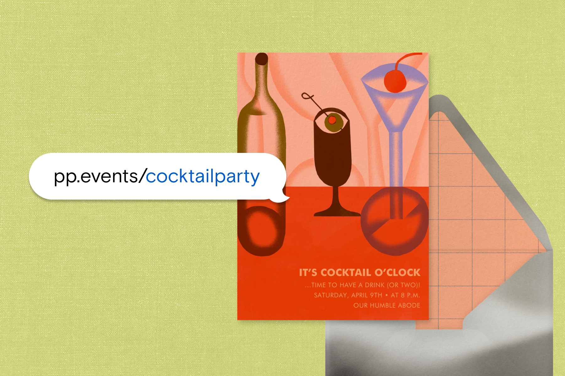 An eclectically modern red cocktail hour invitation sits to the left of a chrome envelope with a grid-patterned blush interior and sits to the right of a white chat bubble with a link that reads ‘pp.events/cocktailparty’ against a light green textured backdrop.