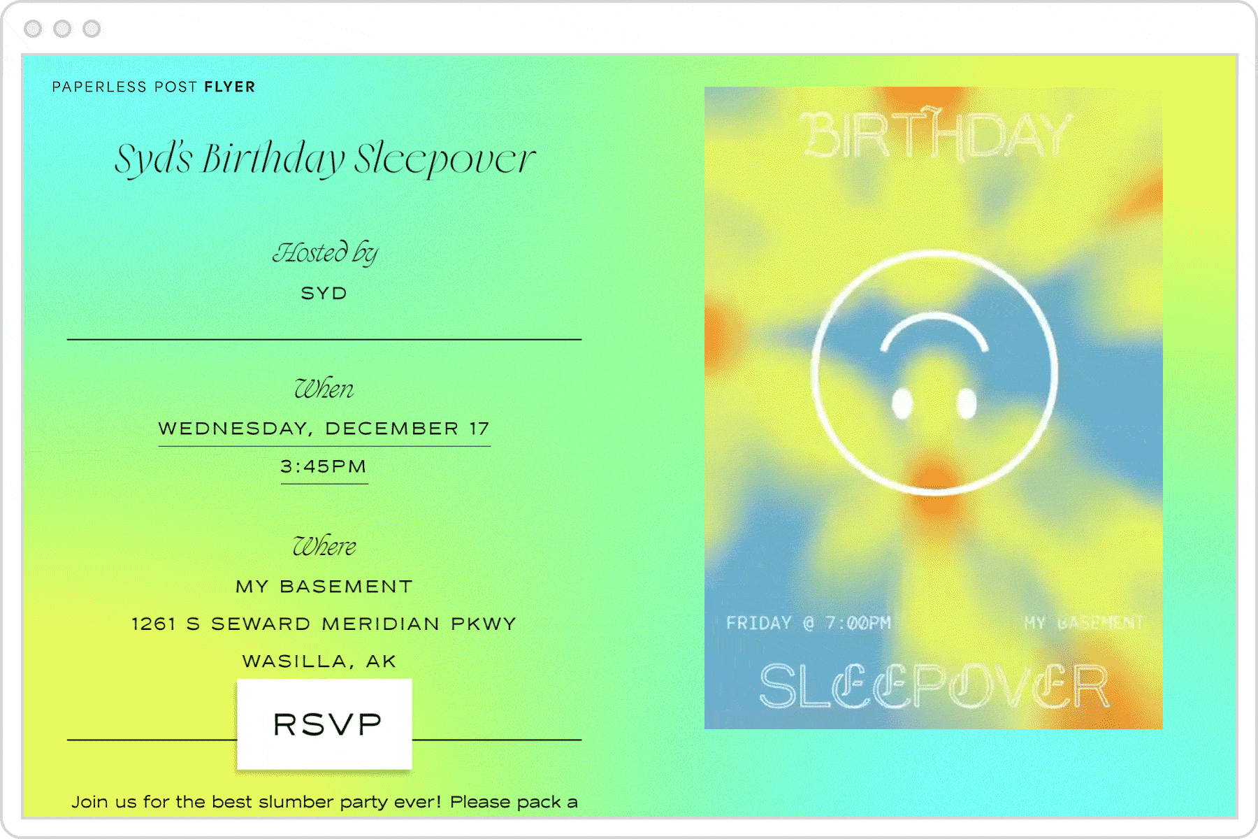 A digital invitation page for a sleepover party with a green and yellow ombre background and an animated graphic with flowers and text overlay that reads ‘birthday sleepover.’