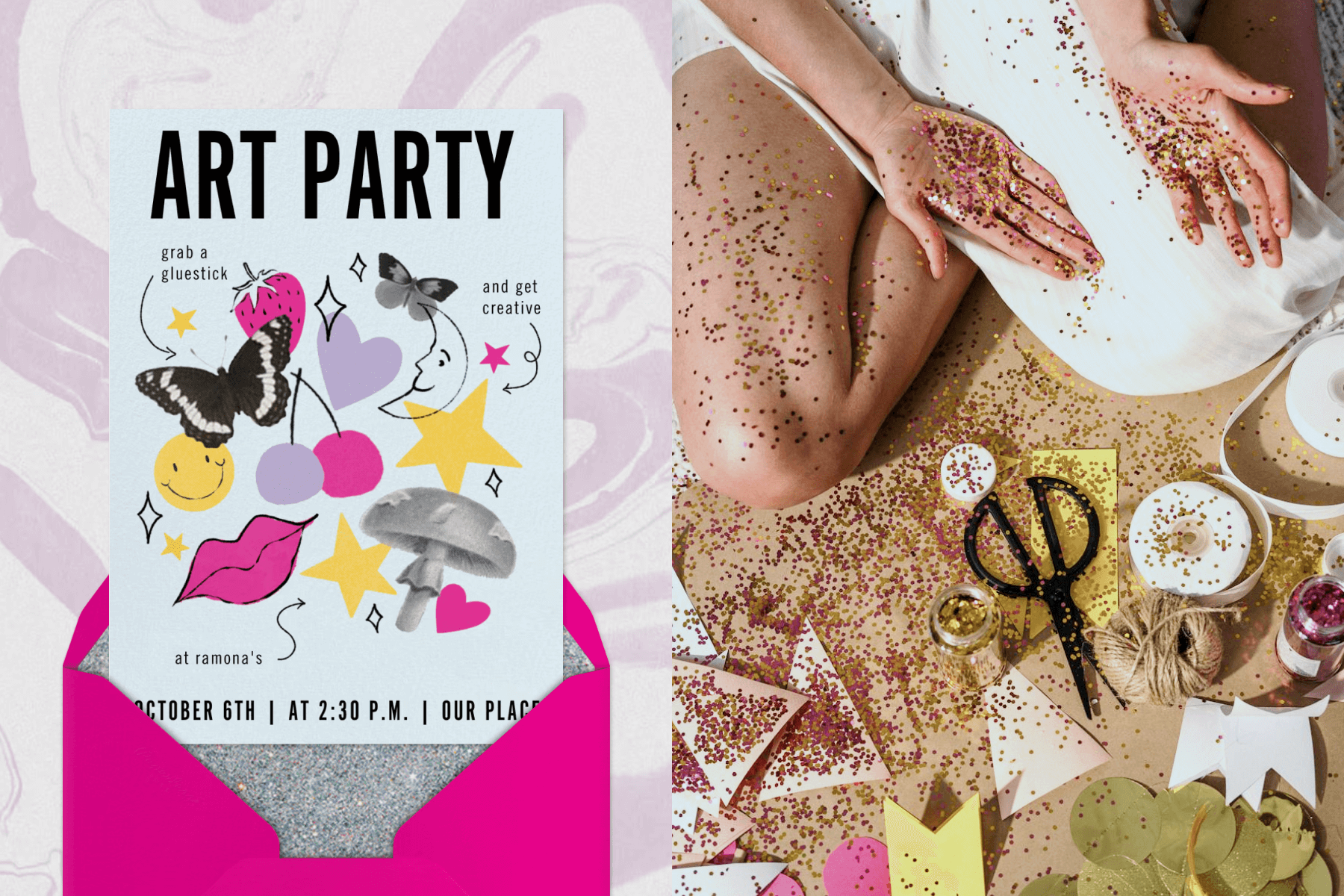 A pink invitation on the left; craft supplies on the ground to the right