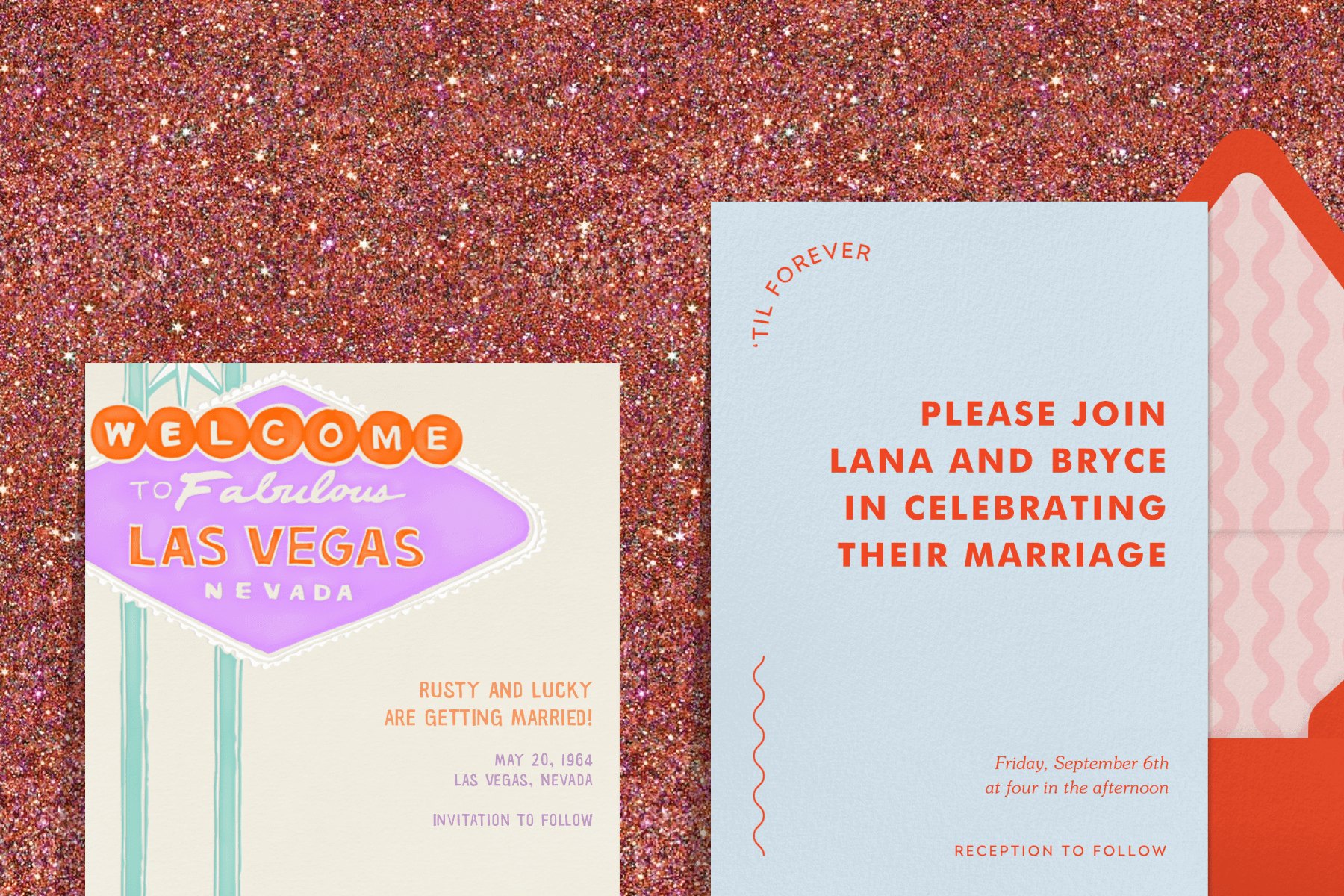 A peach glitter background with two pieces of wedding stationery, the first a save the date featuring a colorful graphic of a welcome to Las Vegas sign, the second a wedding invitation with a light blue background and orange text paired with an orange envelope and patterned pink liner.