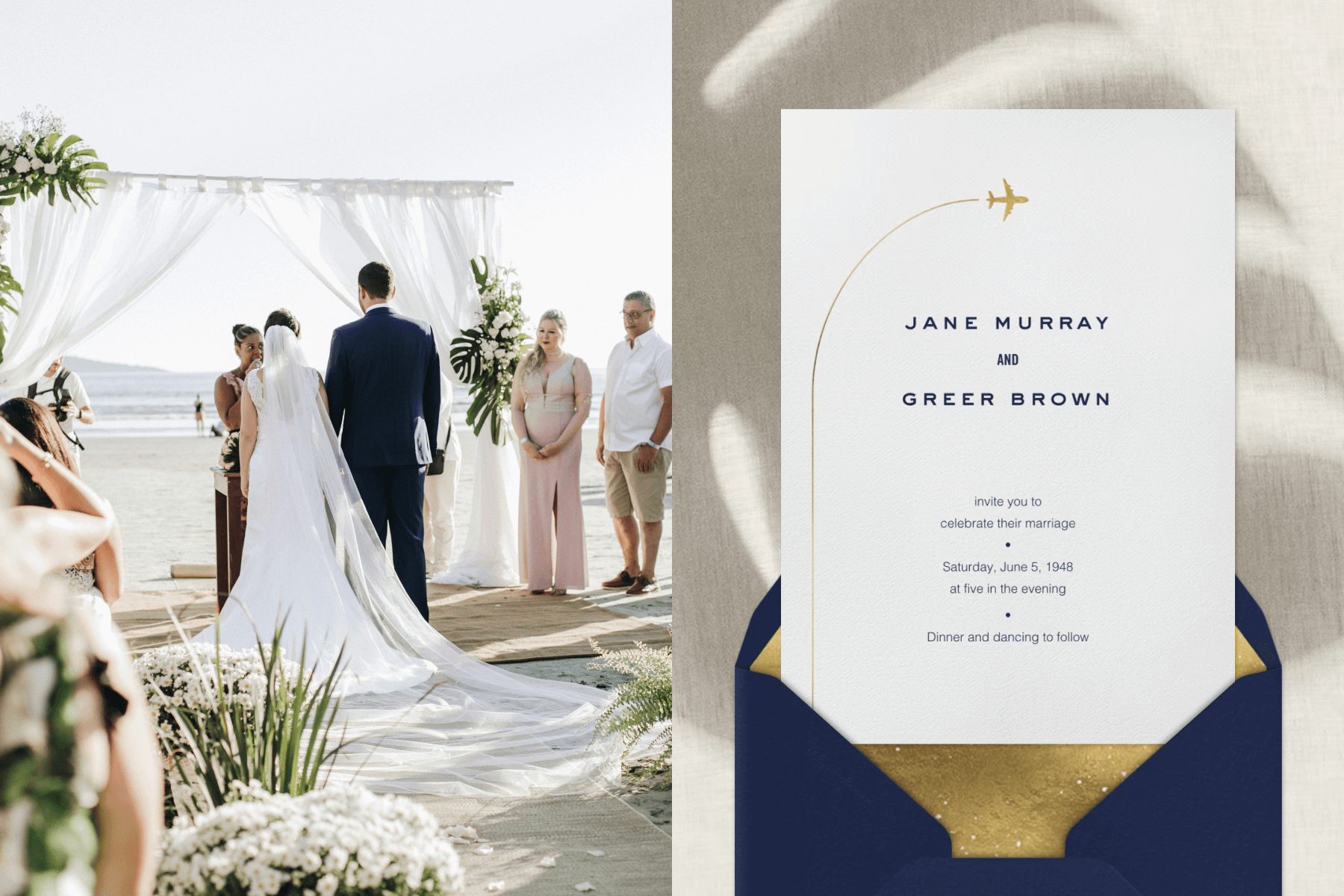 A bride and groom standing at the altar of a beach wedding venue; A wedding invitation featuring a gold plane icon paired with a blue envelope, gold envelope liner, and leaf shadow background.