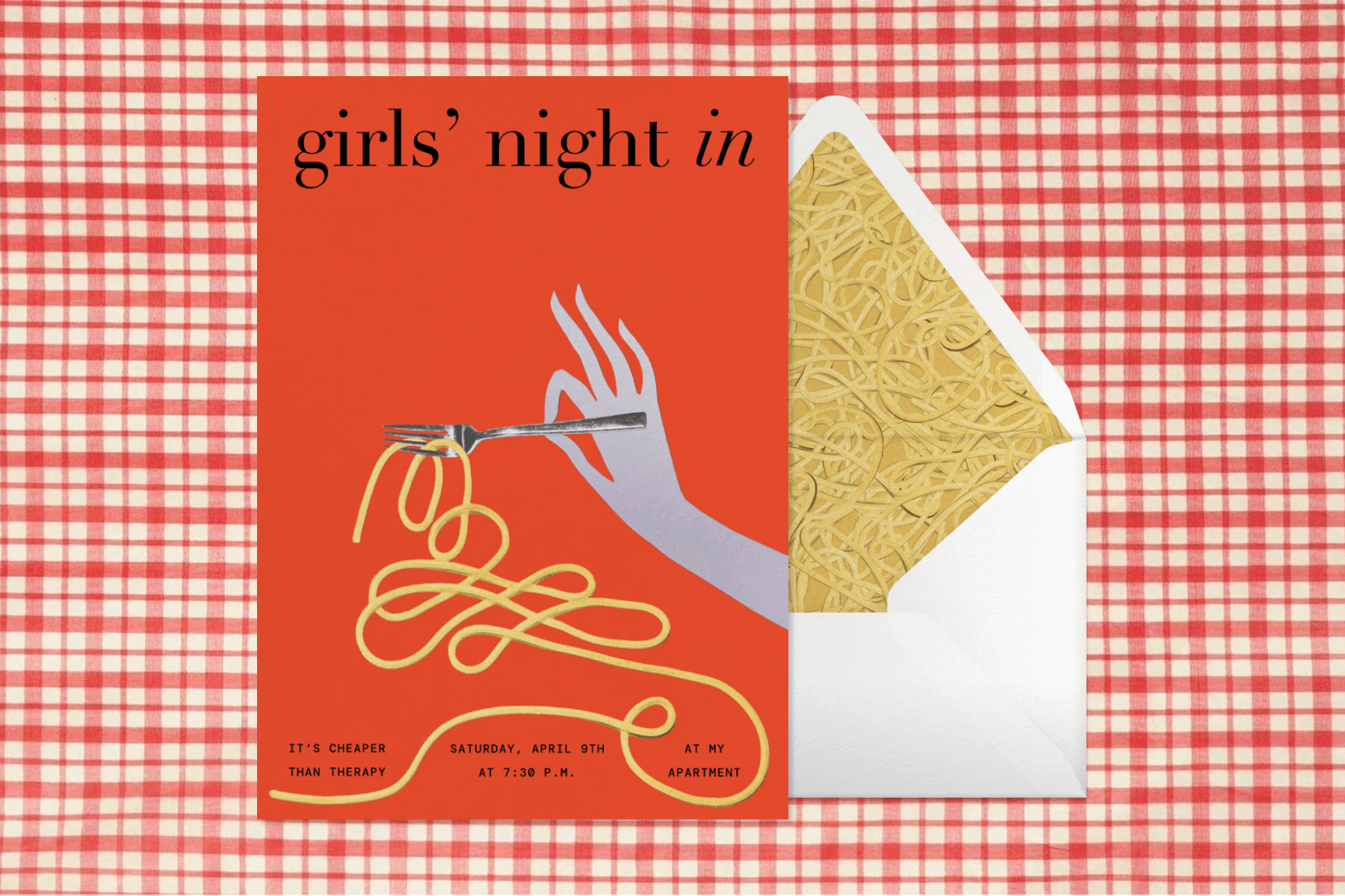 An invitation featuring a hand holding a fork with a long piece of pasta in front of a white envelope with pasta liner, both atop a checkered backdrop.