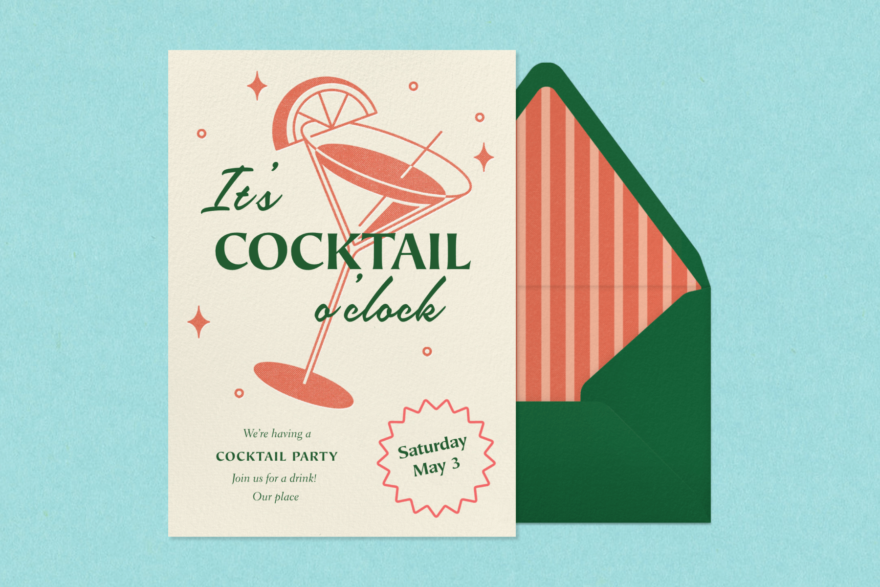 An invitation to a cocktail party featuring a martini glass illustration paired with a green envelope and orange striped envelope liner.