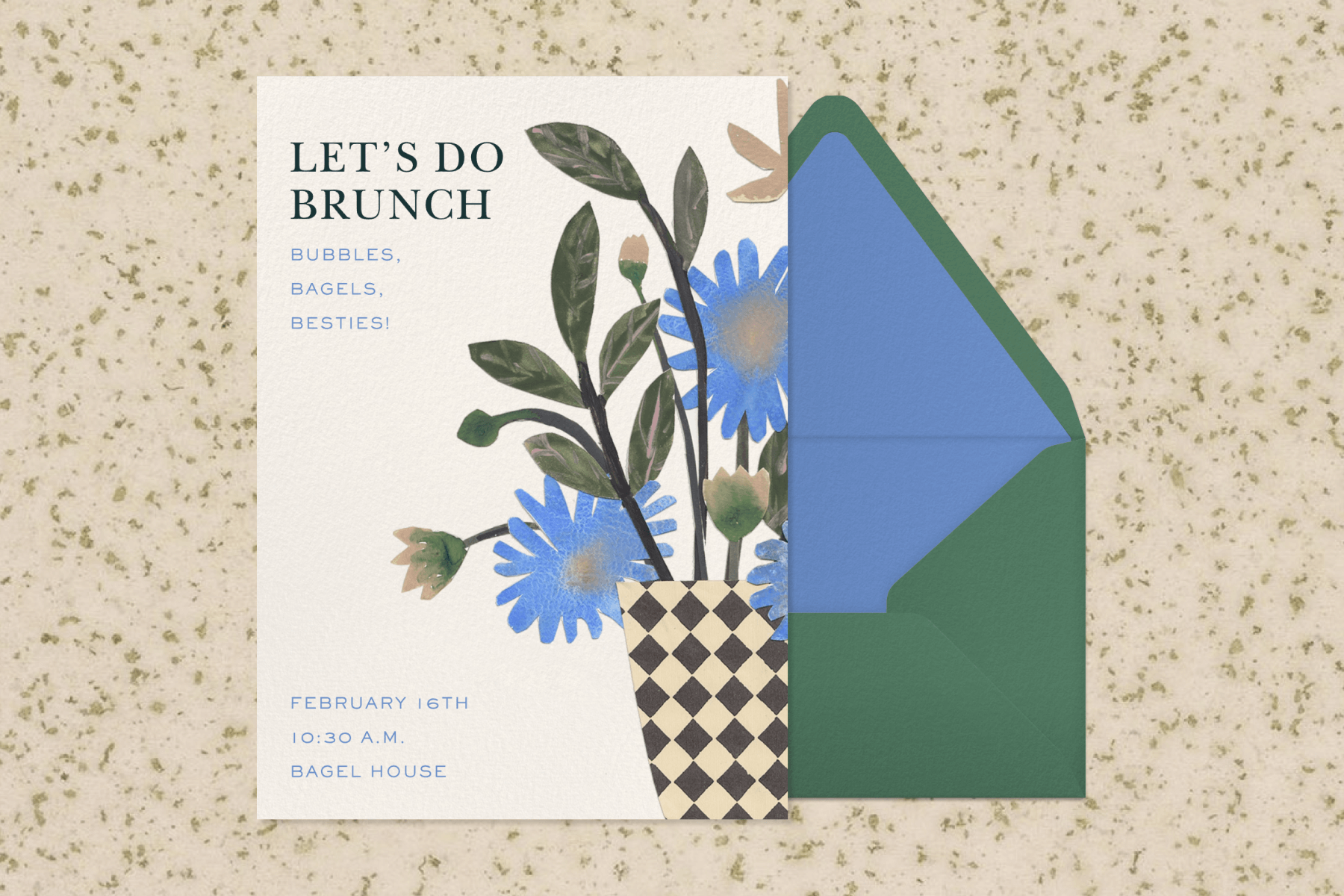 An invitation to brunch featuring illustrated flowers in a checkered vase paired with a green envelope and blue envelope liner.