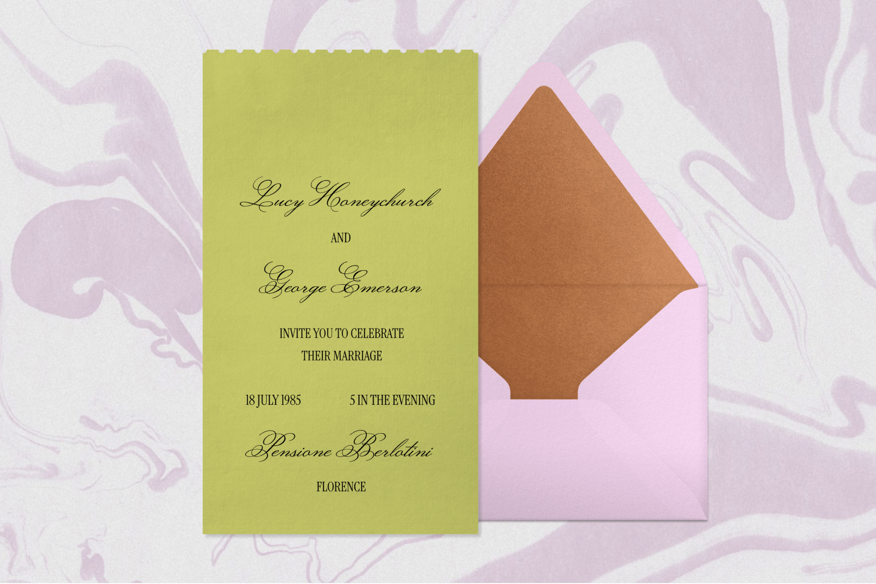 A light green wedding invitation with cutout detailing sits to the left of a pink envelope with a terracotta interior against a pink-and-white swirly backdrop.