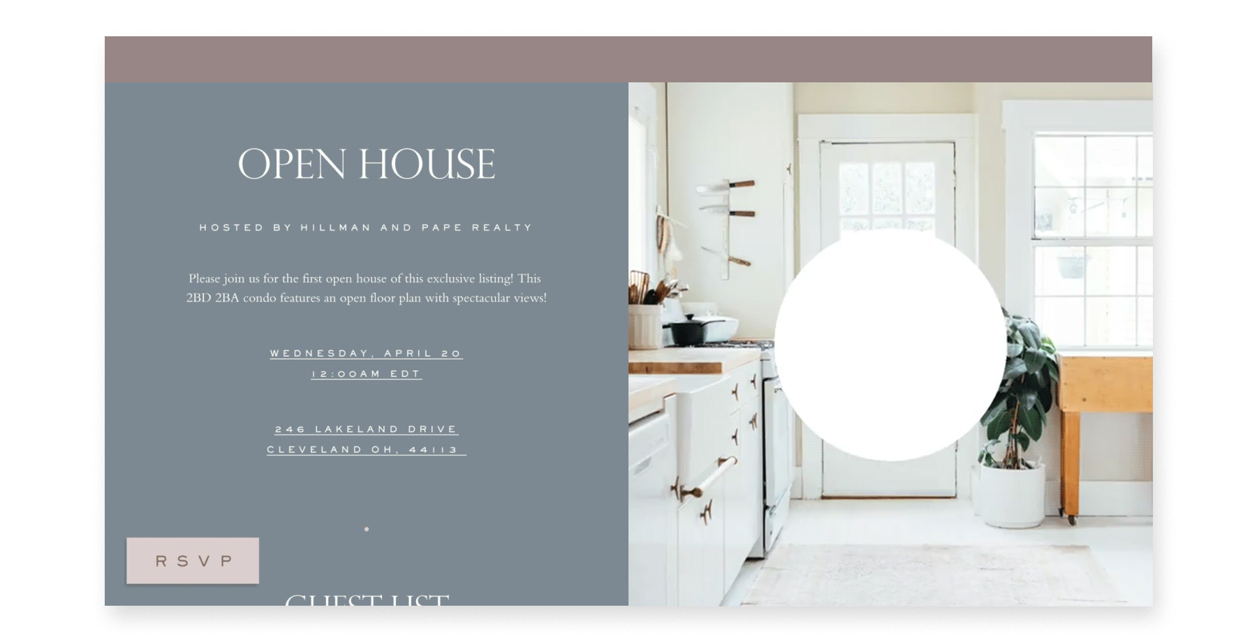 An online invitation with gray-blue on the left, and on the right, a white farmhouse-style kitchen with the words “OPEN HOUSE” in a white circle.