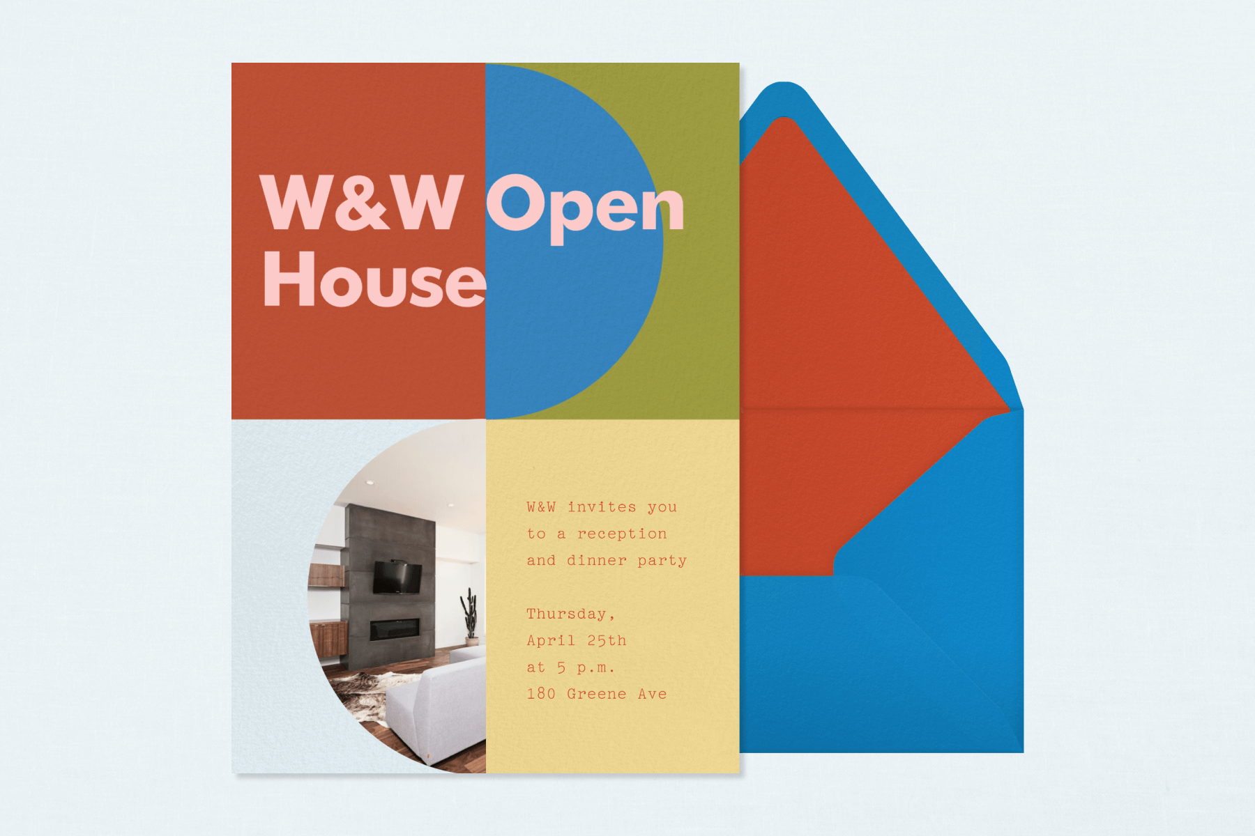 An online invitation with bold, geometric shapes in red, blue, green, and yellow, plus a photo of a living room fireplace in a semi-circle below the words “W&W Open House” sits beside a blue envelope with a red liner.