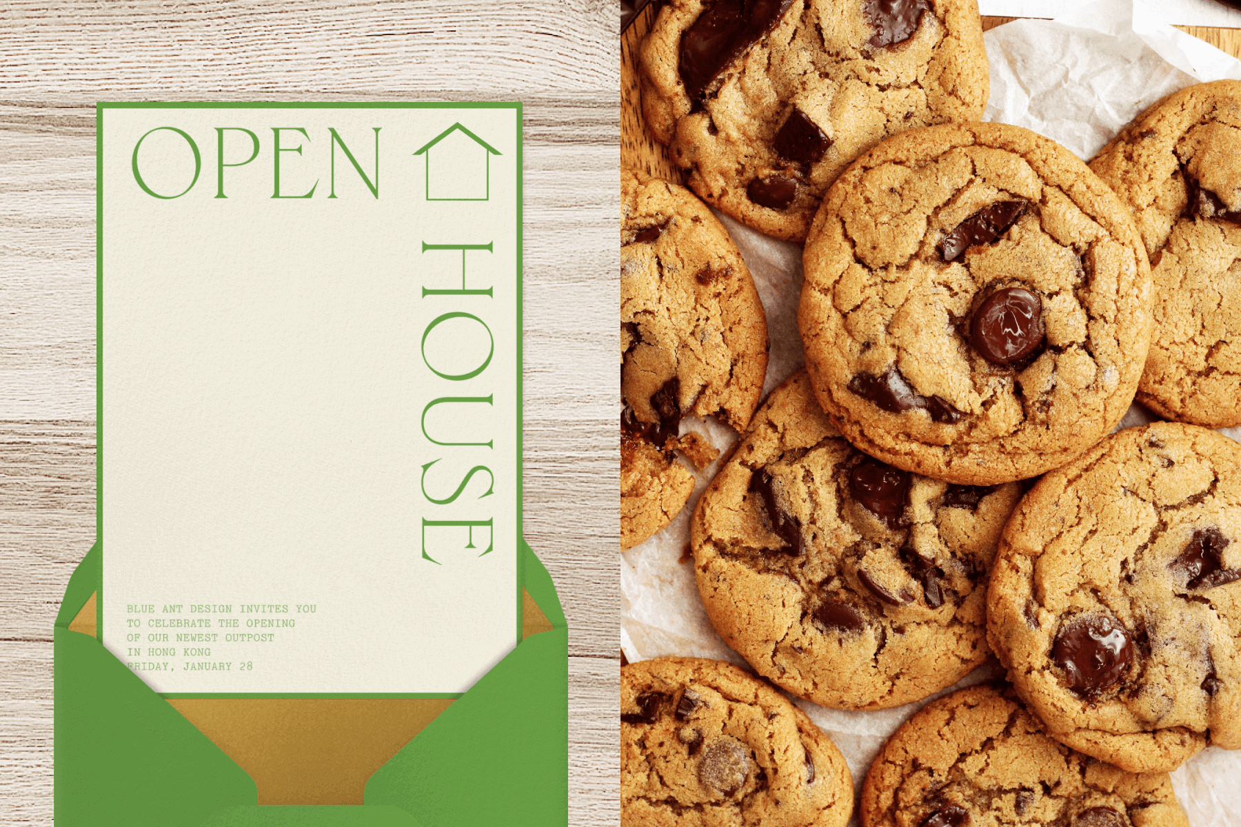 Left: A minimalist open house invitation with a thin green border and the words OPEN HOUSE and a simple drawing of a house along the top and right side. Right: A close-up shot of a batch of chocolate chip cookies.