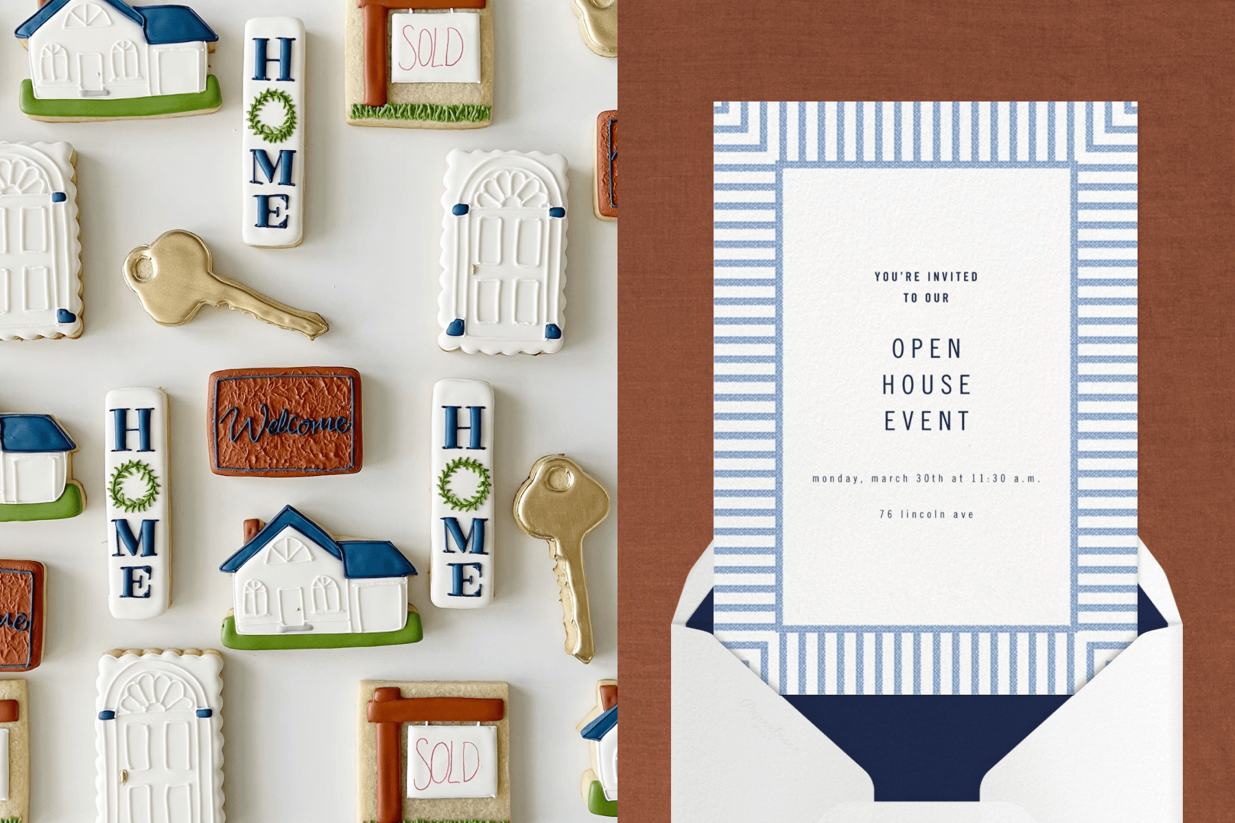 Left: Sugar cookies intricately decorated to look like house keys, “Sold” signs, doors, welcome mats, and houses. Right: An open house invitation with a blue and white striped border that resembles seersucker fabric.