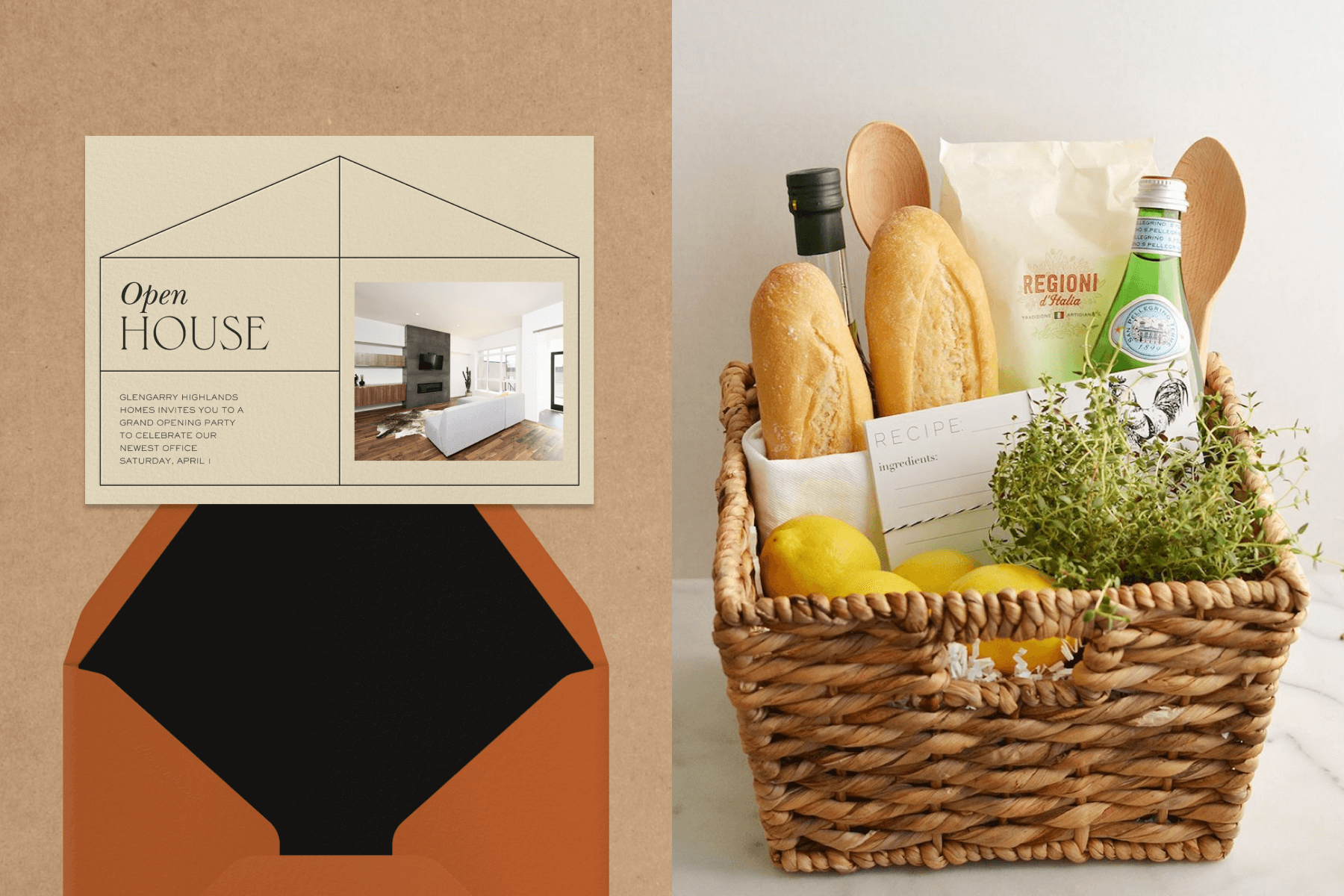 Left: An open house invitation with a simplified house framework, the words “Open House” in a left quadrant, and a photo of a living room with a white couch and black fireplace on the right. Right: A square basket holds bread, sparkling water bottles, microgreens, lemons, spoons, recipe cards, and cooking oil.
