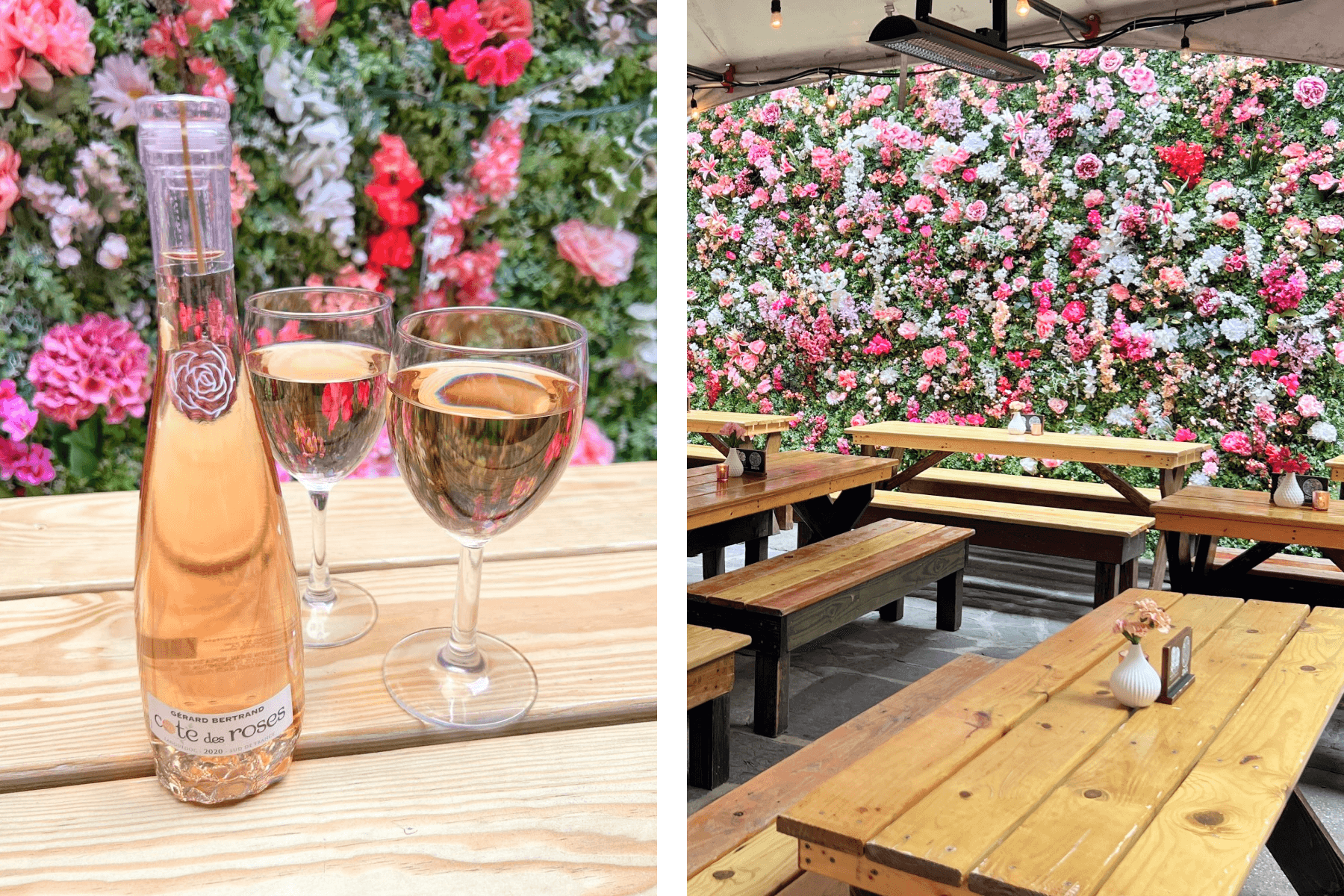 Left: A close up of two glasses and a bottle of rose on a wooden bench; Right: An outdoor seating area with a flower wall.