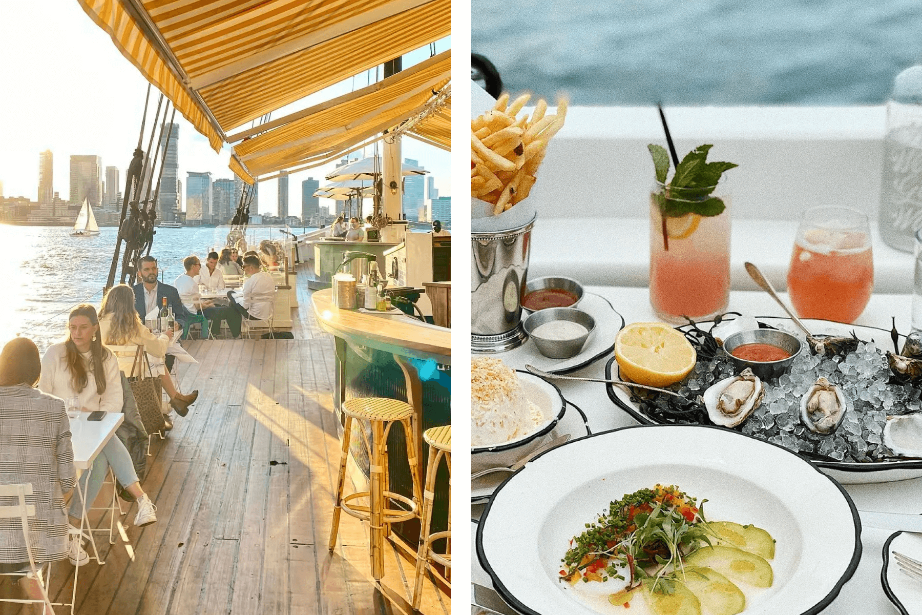 Left: People enjoying drinks on a boat bar; Right: A close up of drinks and apps at Grand Banks including oysters and french fries.
