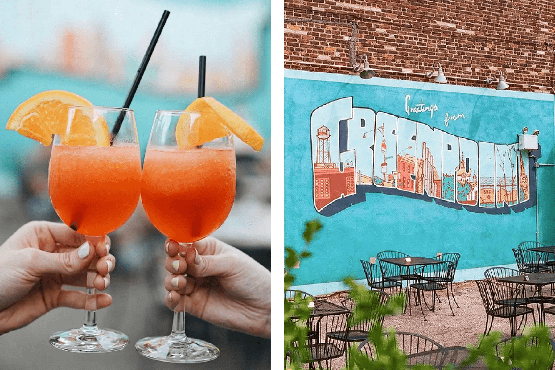 Left: Close up of hands clinking two Aperol Spritzes; Right: A mural at The Springs.