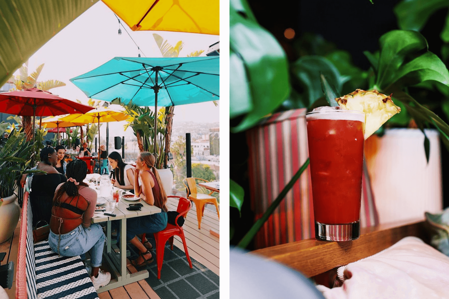 Left: People enjoying the rooftop at Mama Shelter LA; Right: A tropical drink with a pineapple slice.