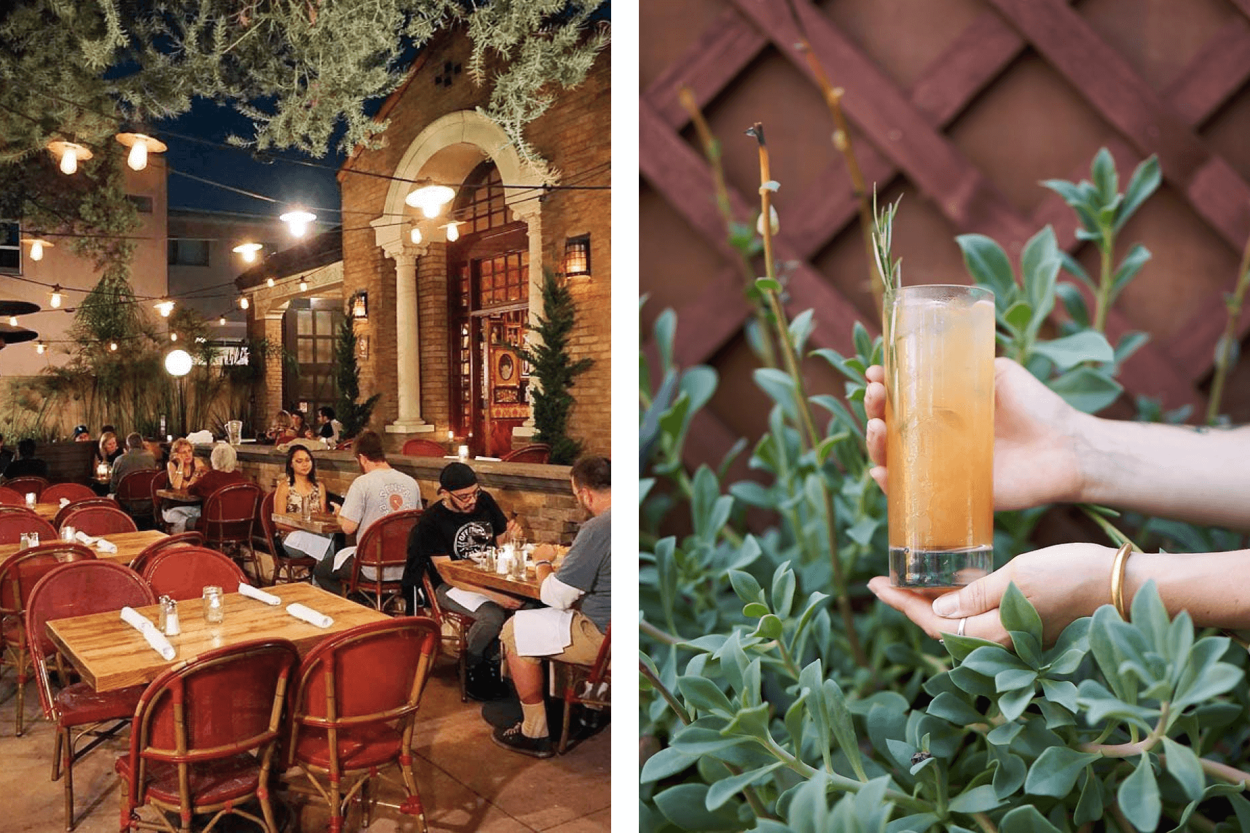 Left: People enjoying their meals at The Edendale’s backyard; Right: A close up of hands holding a cocktail.