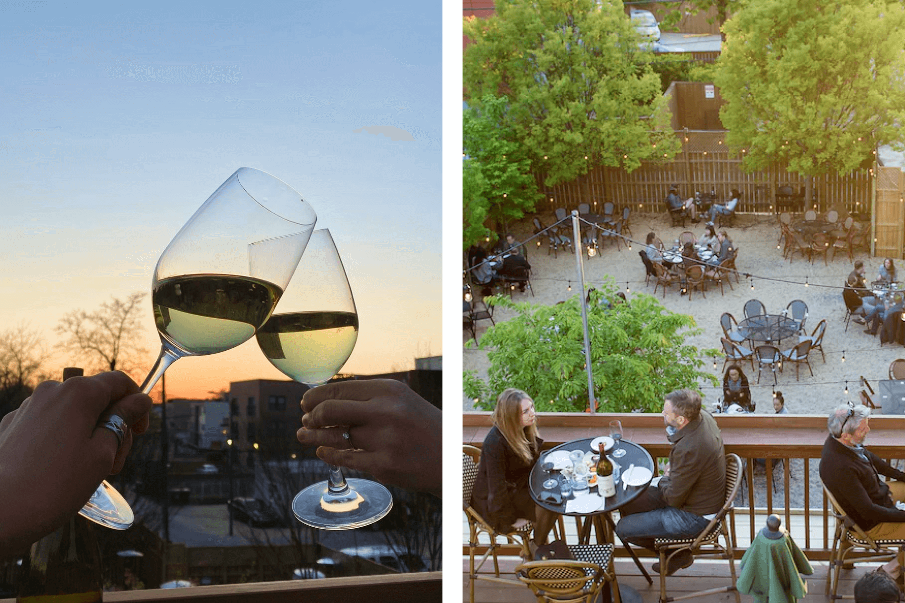 Left: Two people clinking wine glasses; Right: People enjoying the garden at St. Vincent Wine.
