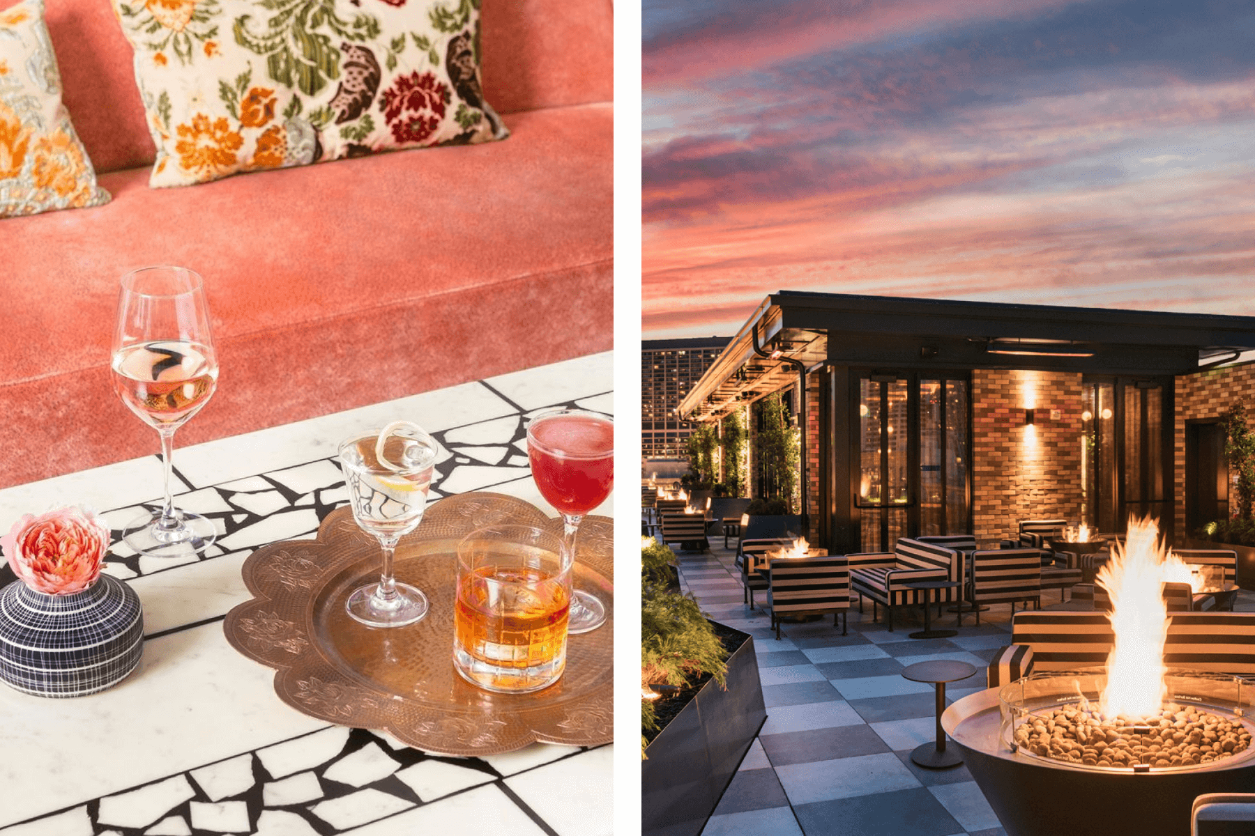 Left: Cocktails on a table next to a pink couch; Right: The rooftop seating at Charmaine’s with a roaring fire.