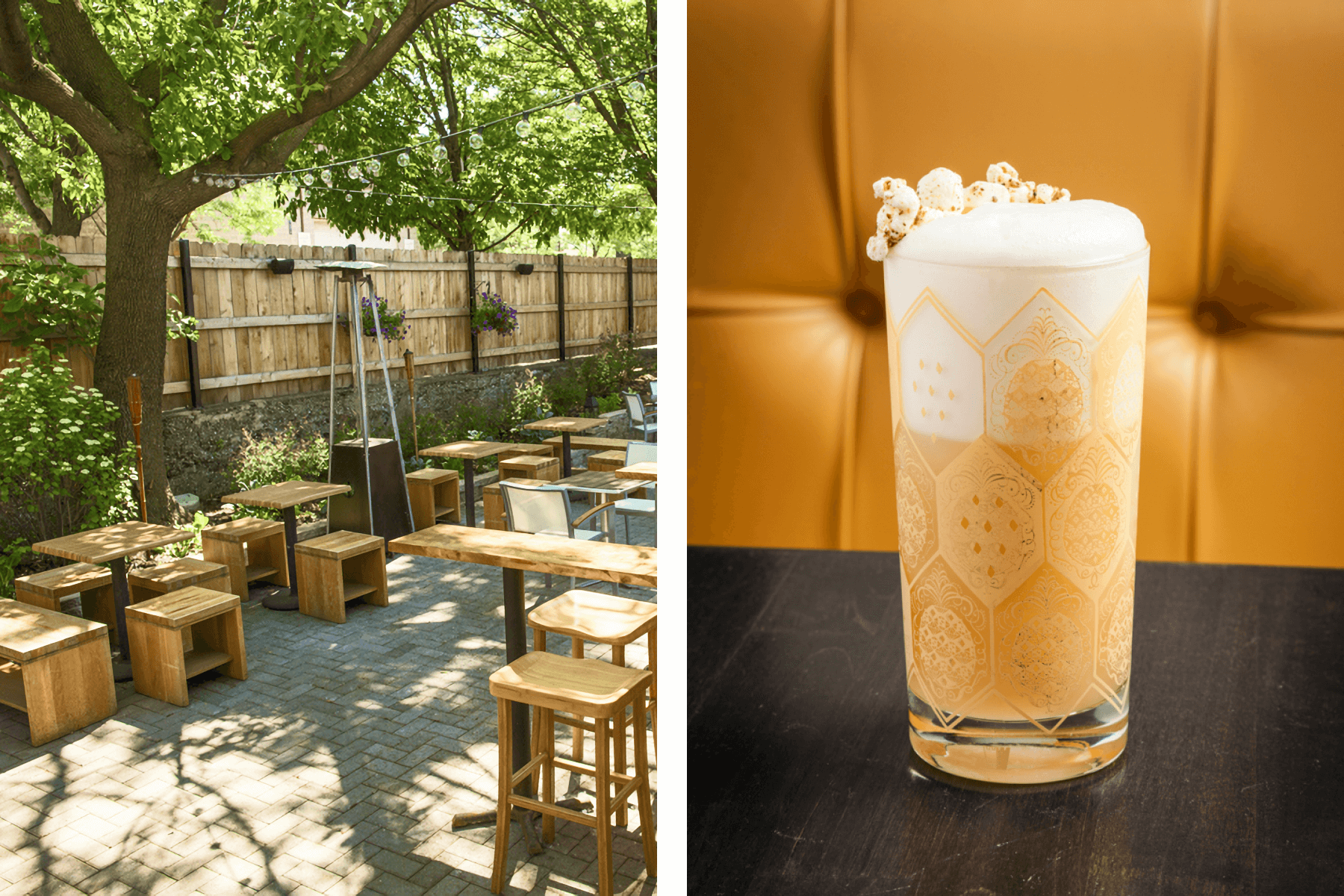 Left: Outdoor seating at The Duck Inn; Right: Close up of a cocktail.
